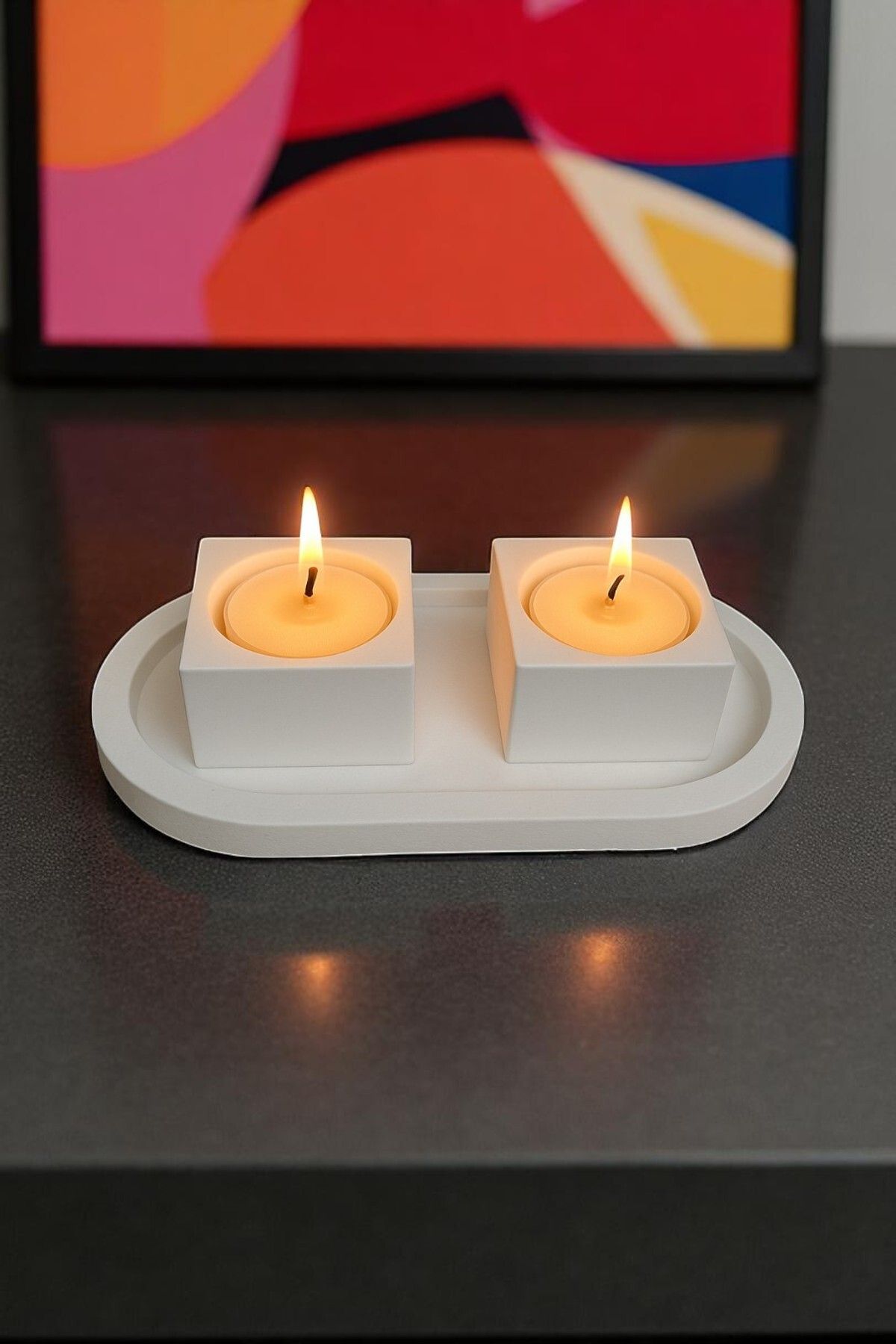 ERSE HOME Dekoratif Tabaklı Beyaz Renk Kare Şekilli Tealight Mumluk