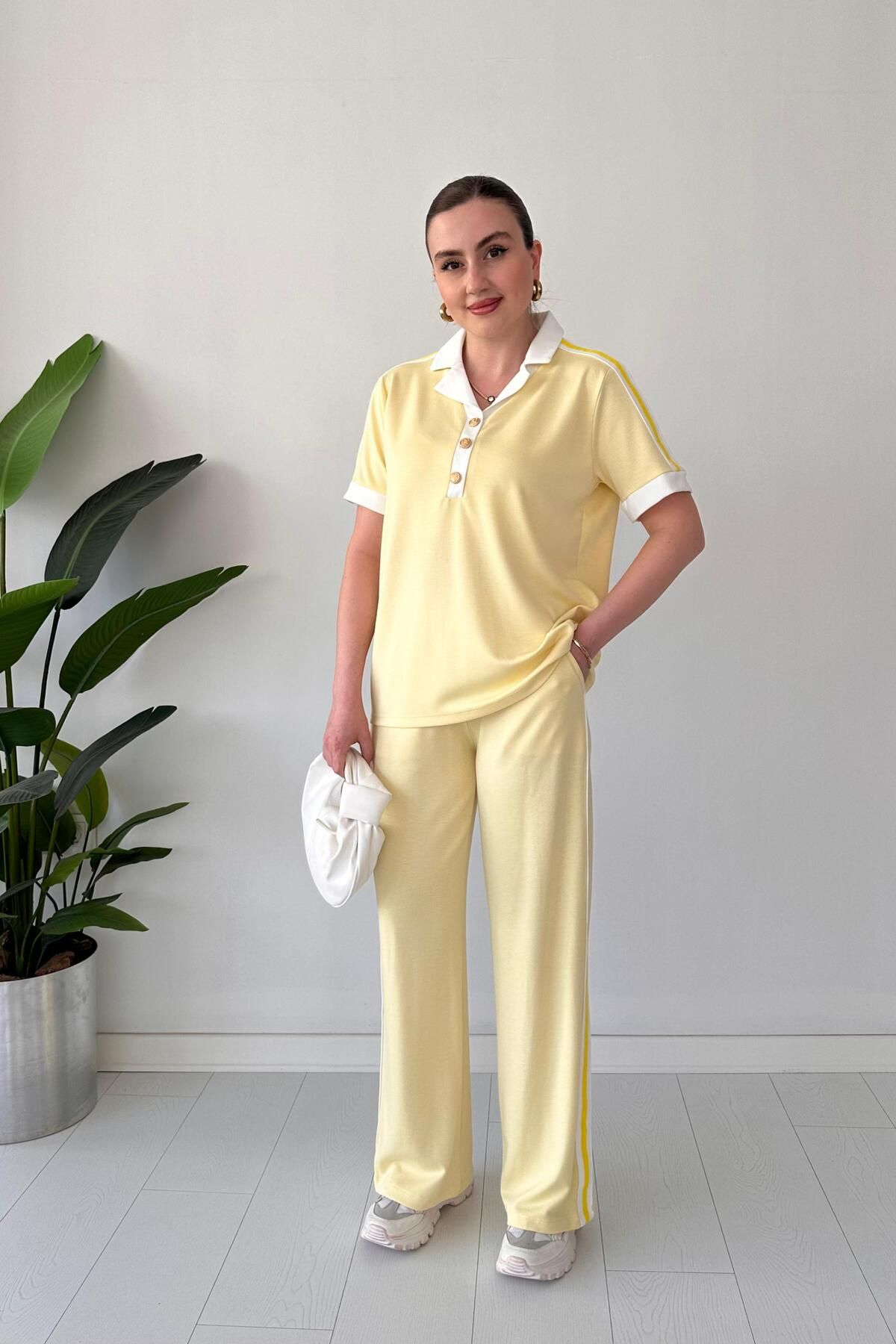 MaziButik Yakalı Üç Düğme Modal Takım Sarı