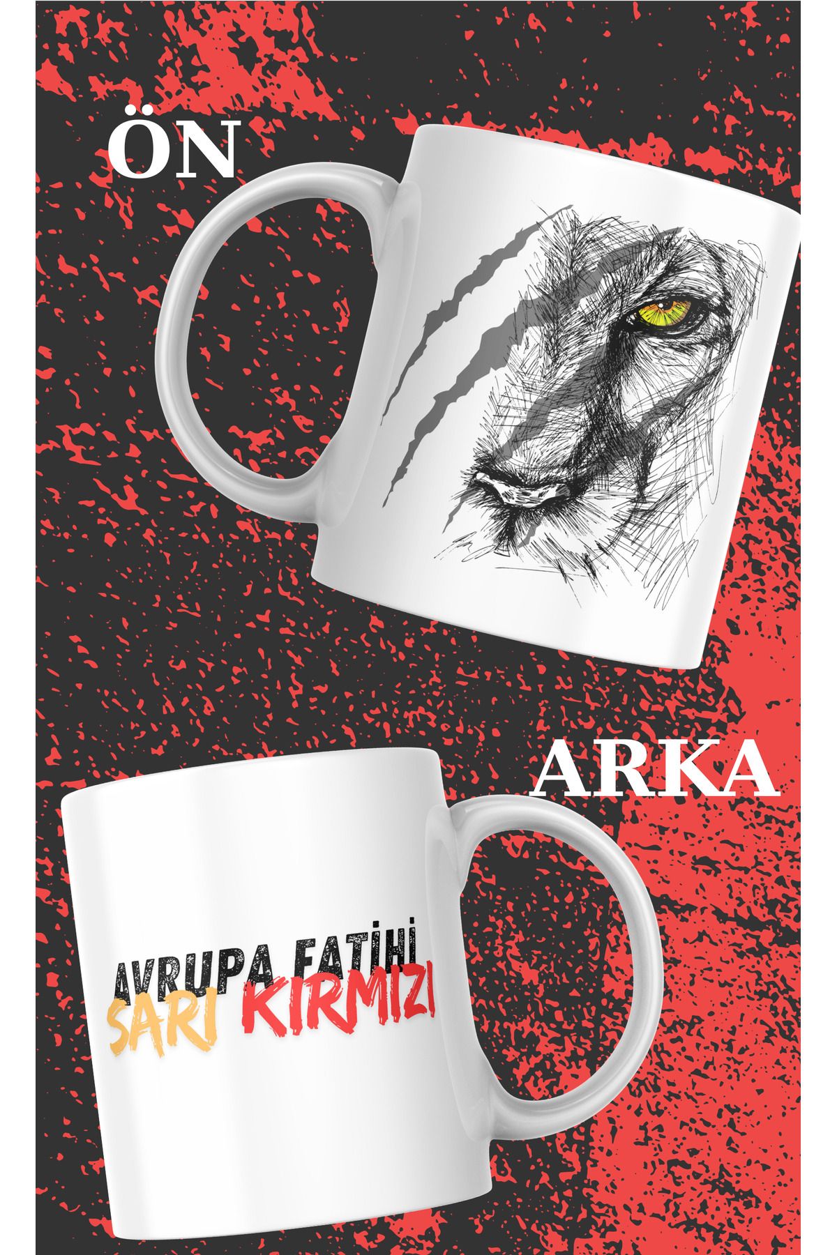 Store Galatasaray Taraftar Aslan Pençesi ve Sarı Kırmızı Yazılı Seramik Kupa - Avrupa Fatihi Aslan Kupa!
