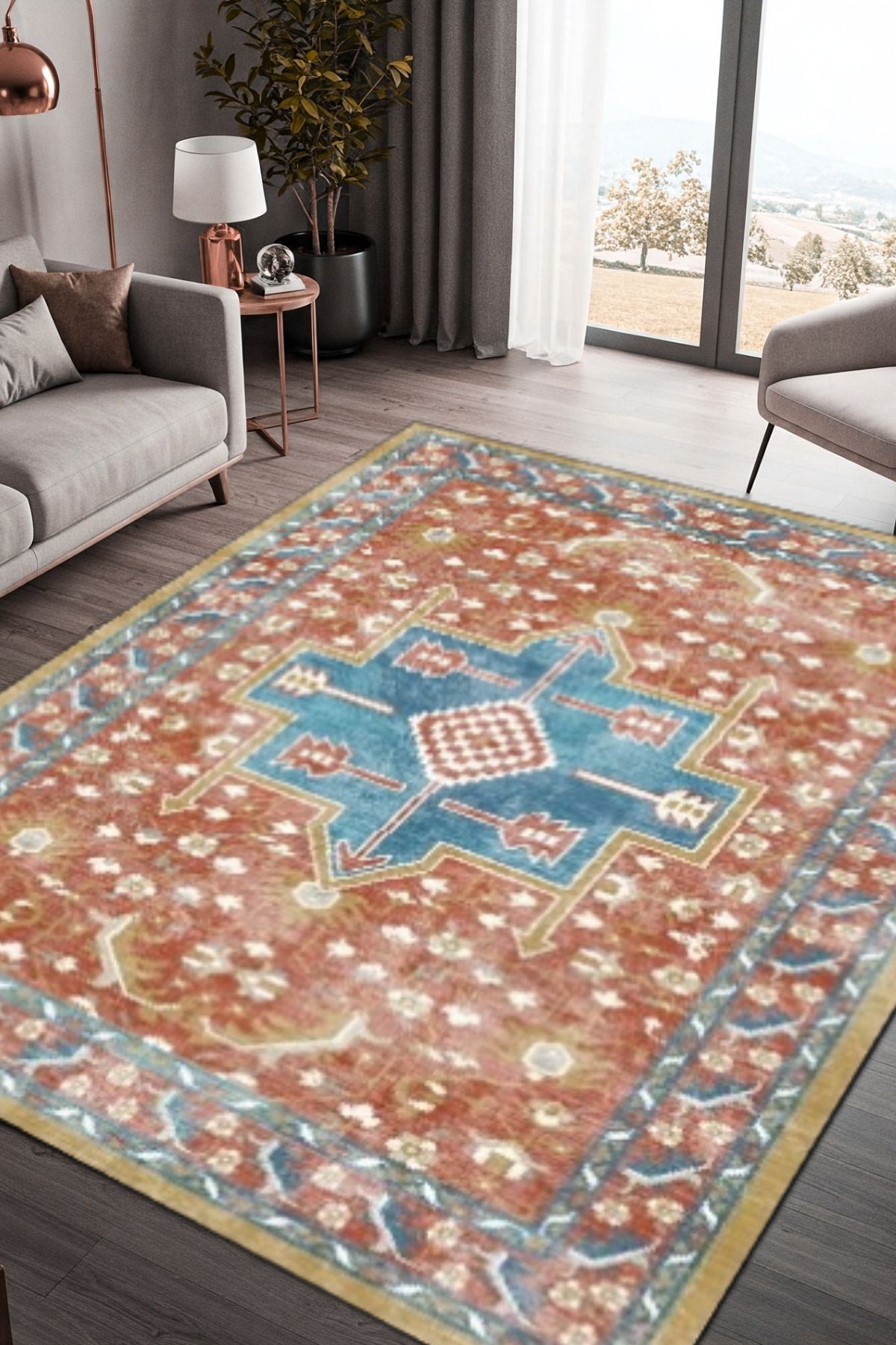 The Reef Design Otantik Kilim Desenli Dijital Baskılı Dokuma Kaymaz Tabanlı Yıkanabilir Oturma Odası Halısı