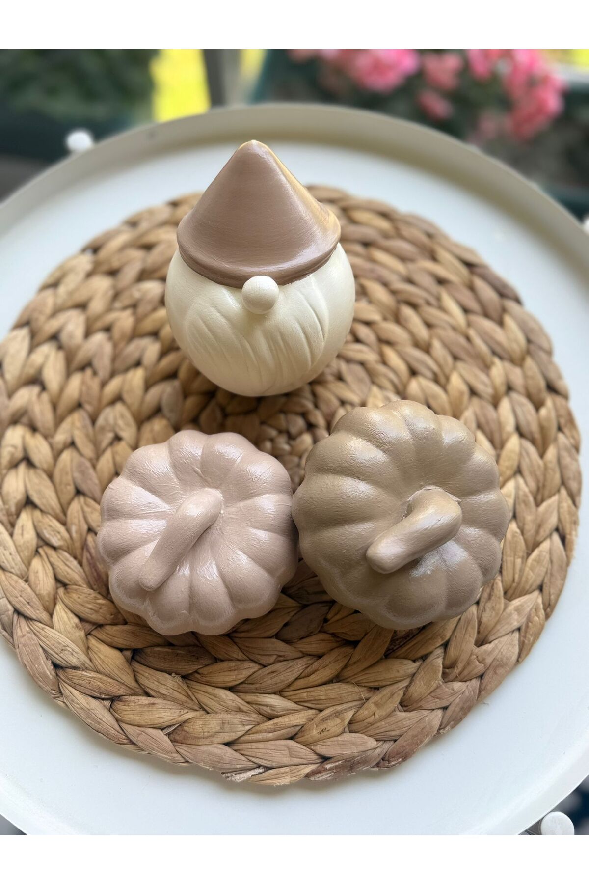 Candlebeedesign 3'lü Dekoratif Bal Kabağı ve Burnuk Cüce Krem Kahverengi Biblo Set