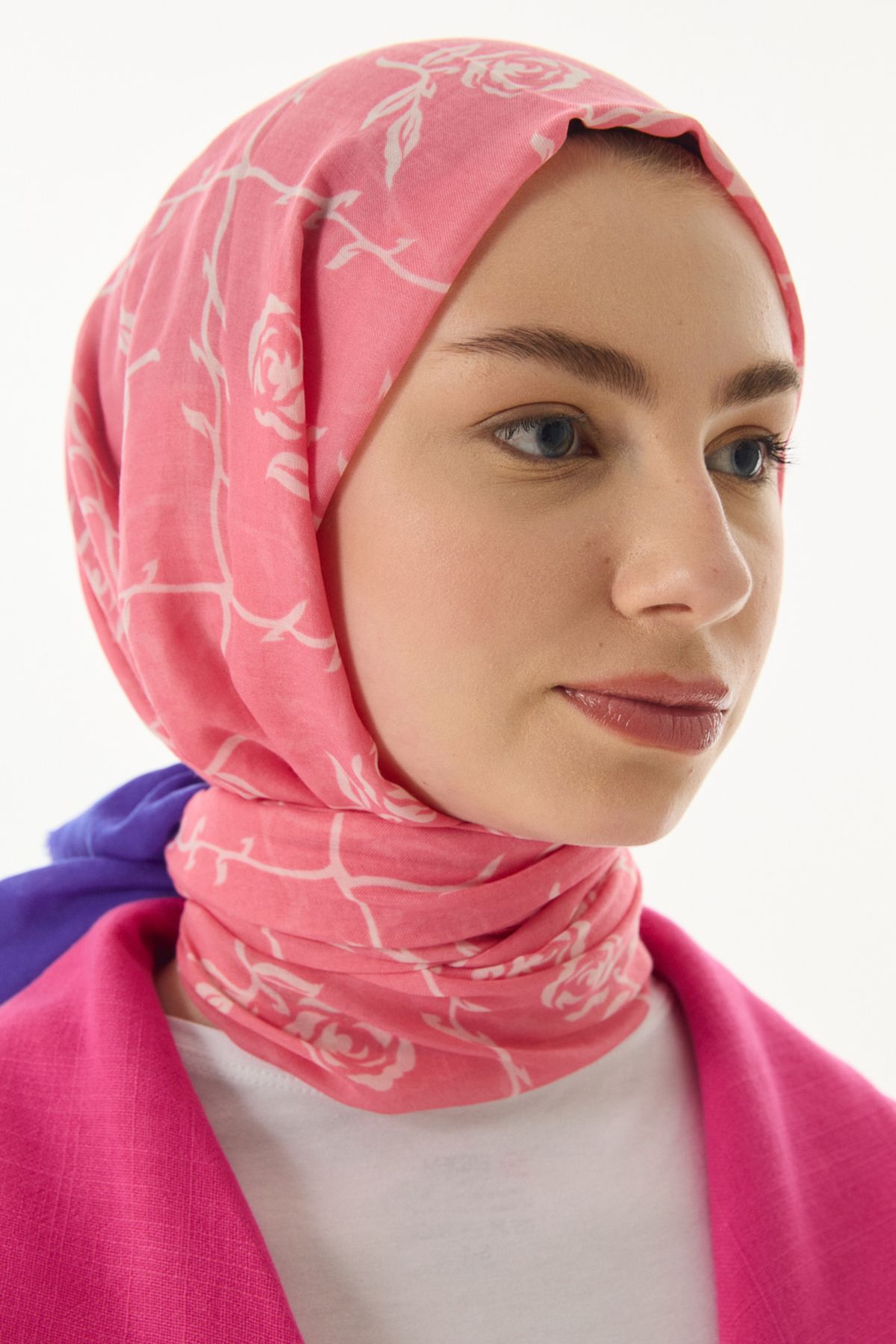 FENZA SCARF Gül Desen Pamuklu Şal - Şeker Pembesi-Saks
