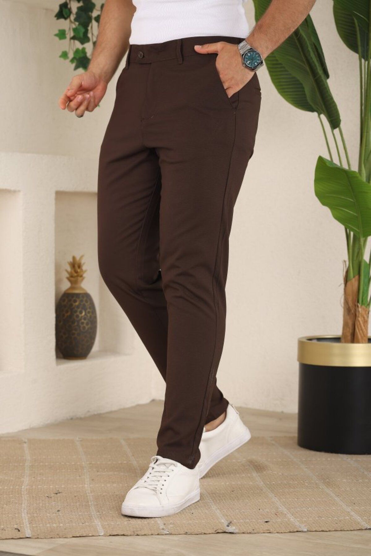 novafems Erkek Slim Fit Likralı Bilek Boy Dilli Kumaş Pantolon