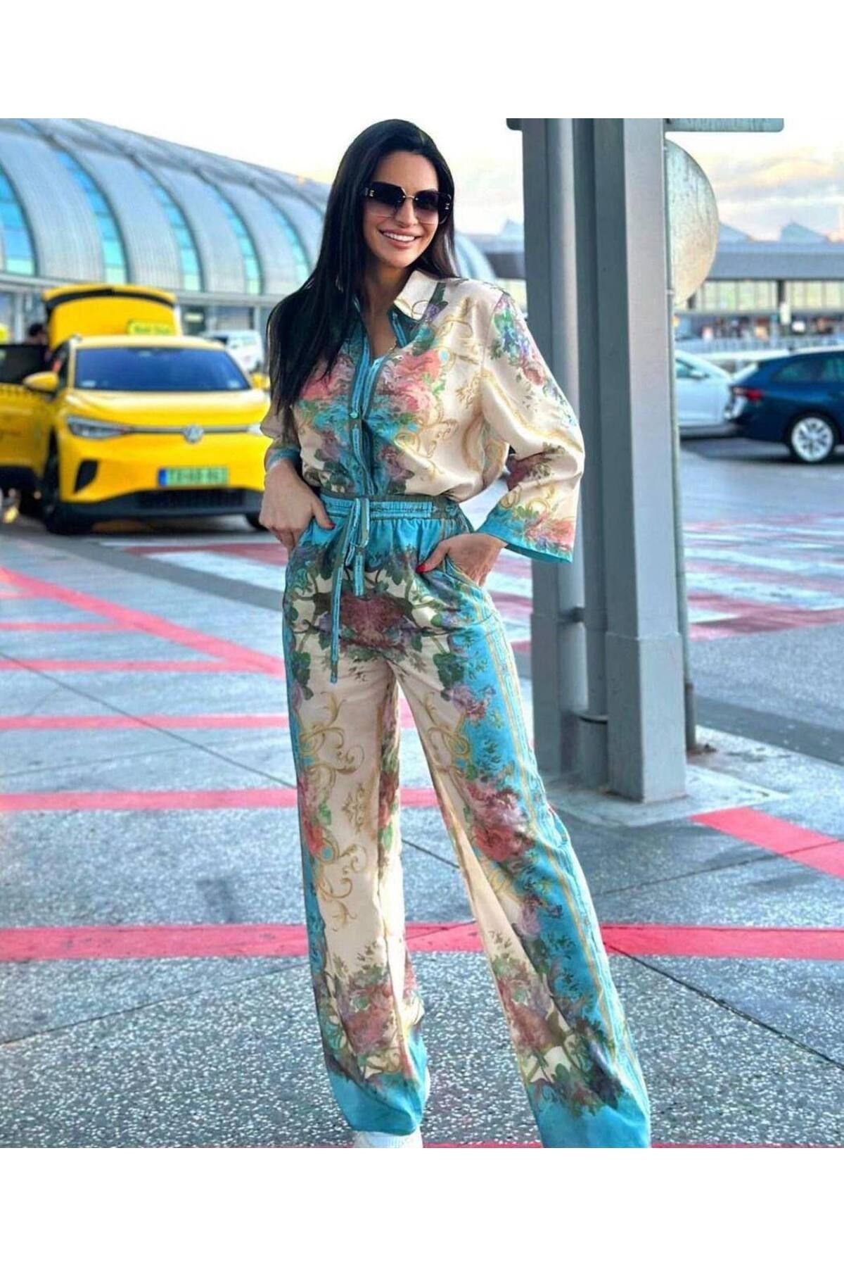 Julidress Çiçek Desenli Gömlek Pantolon Alt Üst Premium Keten Takım