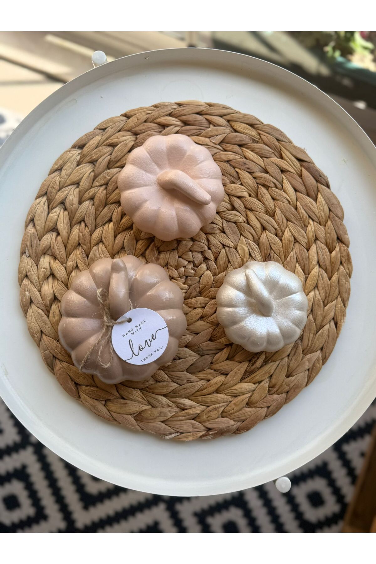 Candlebeedesign 3'lü Dekoratif Bal Kabağı Açık Kahverengi Pudra Sedefli Beyaz Biblo Set