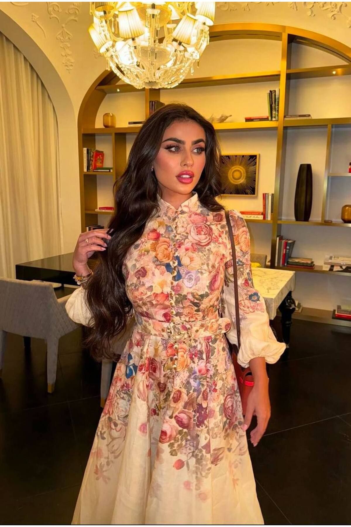 Julidress Dik YakaDüğmeli Desenli KEMERLİ Premium Tasarım Keten Elbise