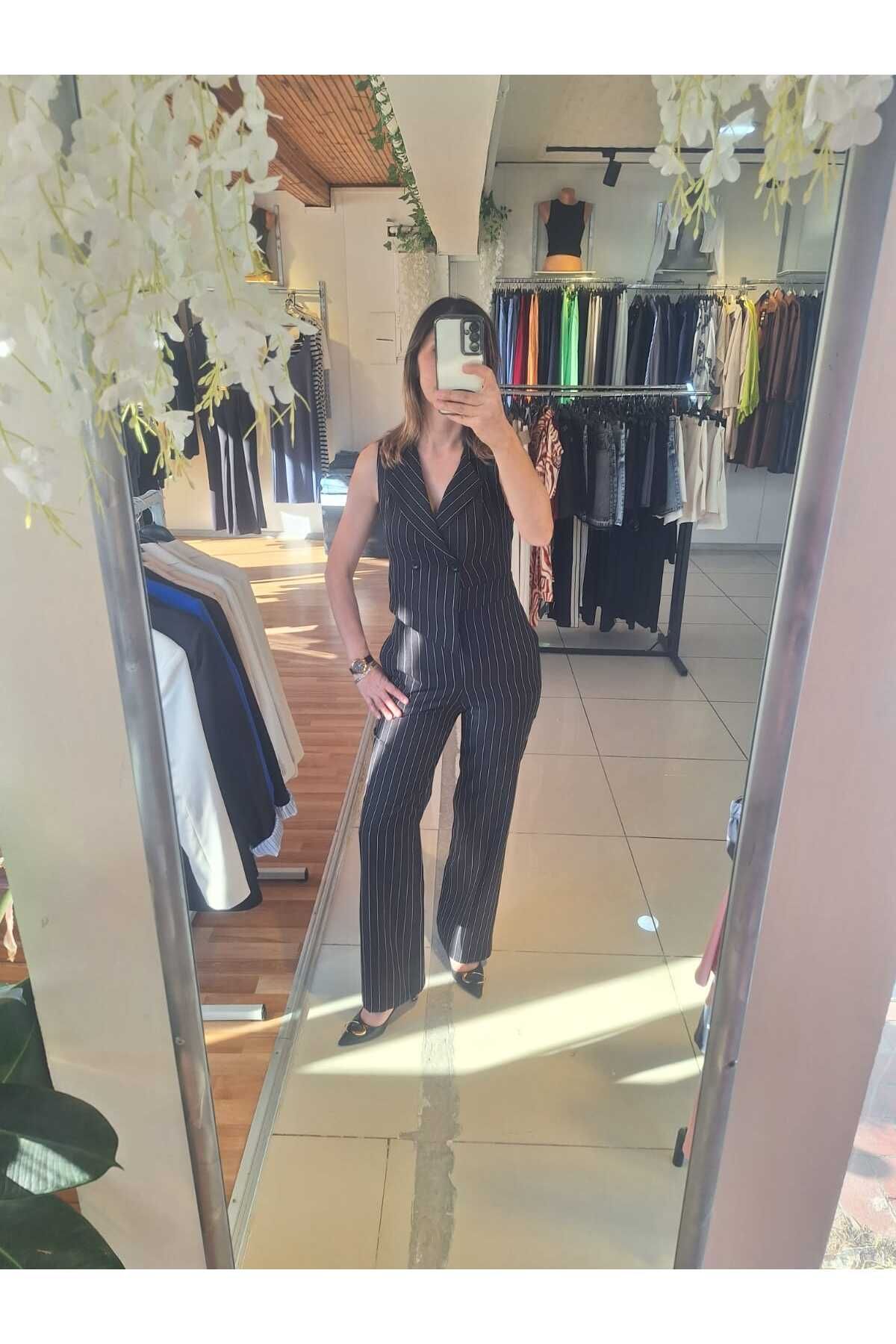 nil butik 48 ÇİZGİLİ SİYAH BEYAZ DÜĞMELİ TULUM