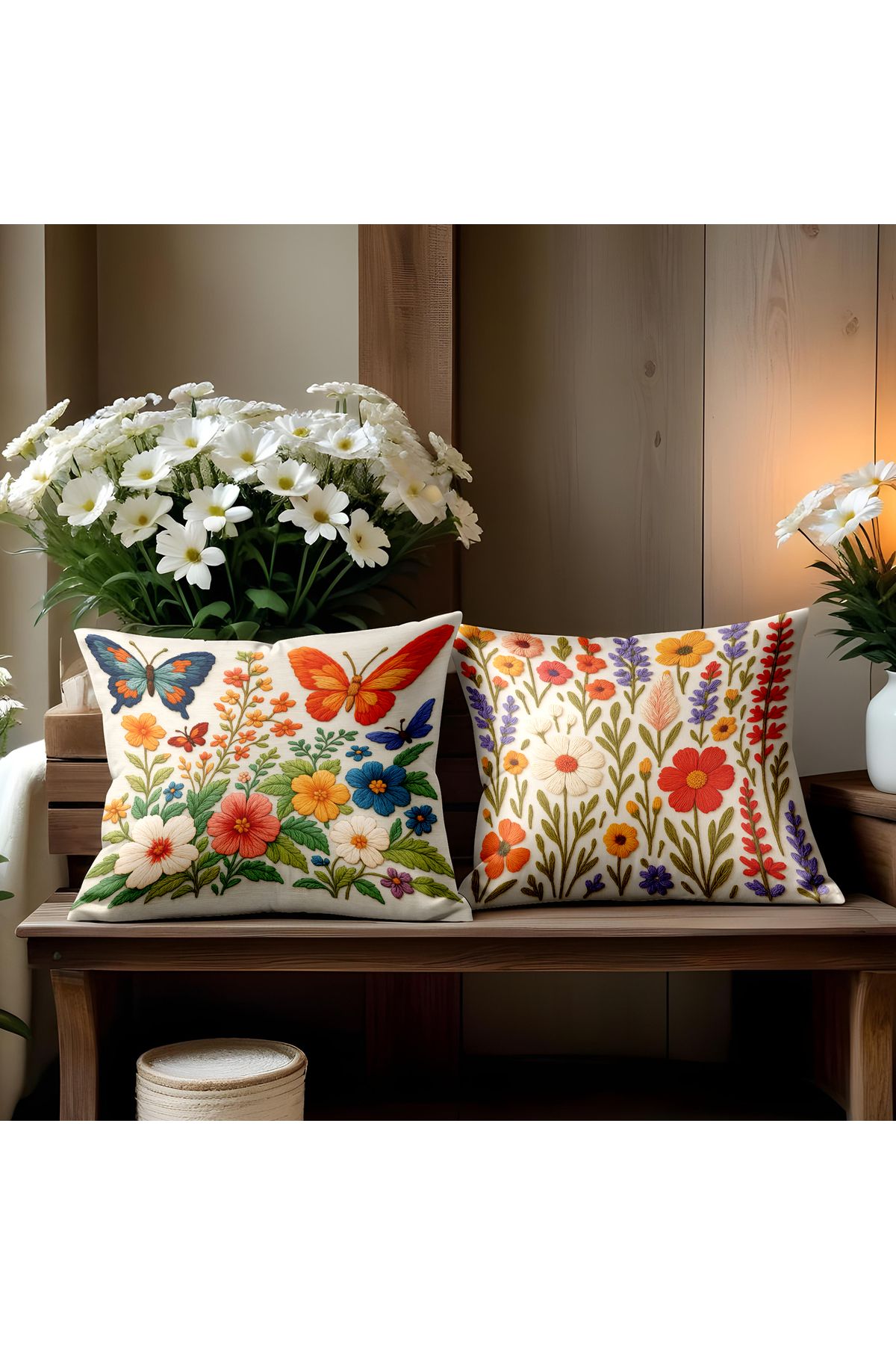 ALAMODECOR Punch Nakış Desenli Çift Tara0flı Dijital Baskılı Çiçek Ve Kelebek Temalı 2li Kırlent Kılıfı