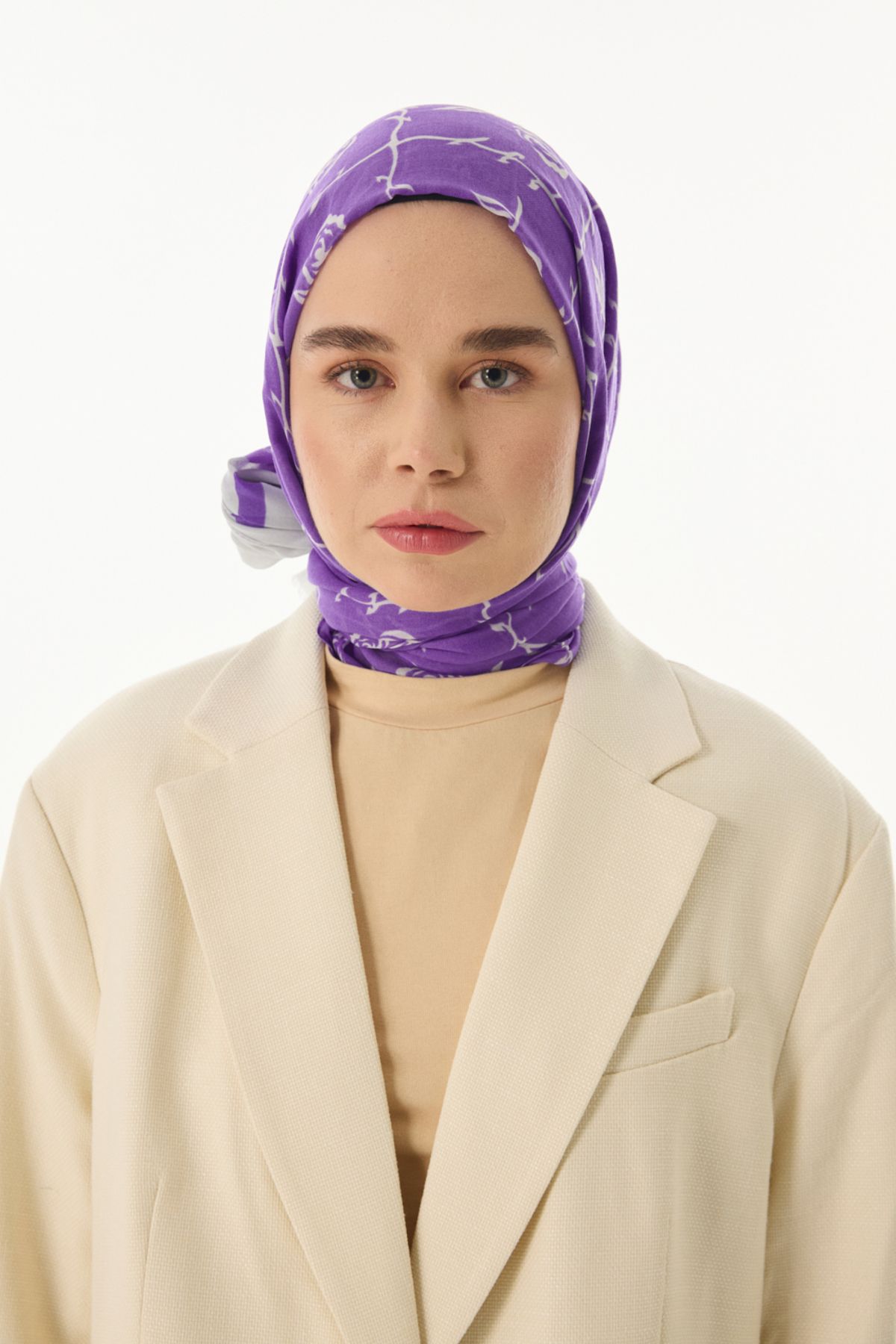 FENZA SCARF Gül Desen Pamuklu Şal - Gri-Mor