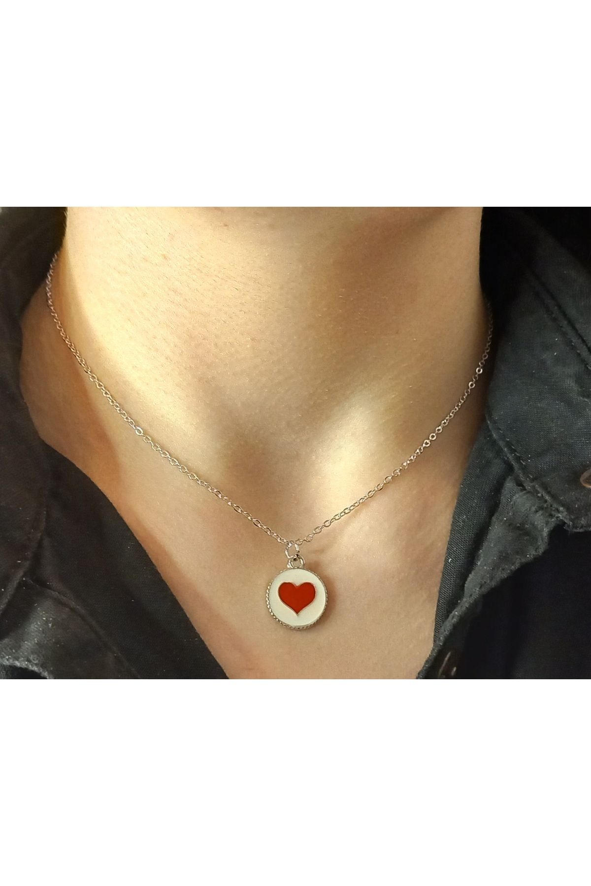 Crystal Atelier Kalp Kolye-Kalp Figürlü Gümüş Kaplama Kararmaz Çelik Kolye-Kırmızı Kalp Kolye-Kalp Kolye Silver