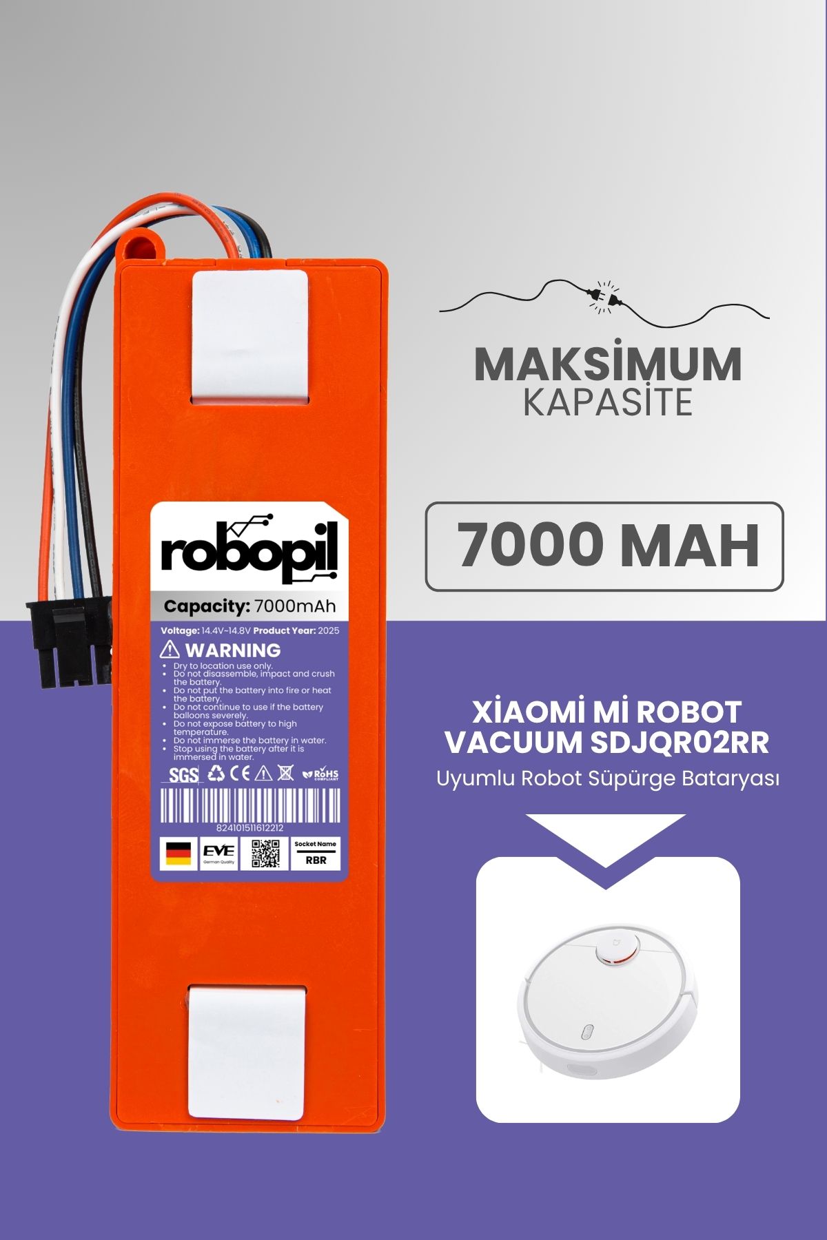 ROBOPİL Xiaomi Mi Robot Vacuum Sdjqr02rr Uyumlu Batarya (MAKSİMUM KAPASİTE) 7000mah Kutulu Robot Süpürge Pil
