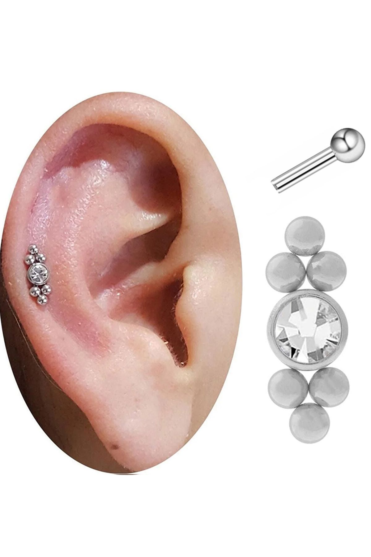 Cadının Dükkanı Altı Top Taşlı Çelik Tragus Helix Kıkırdak Piercing