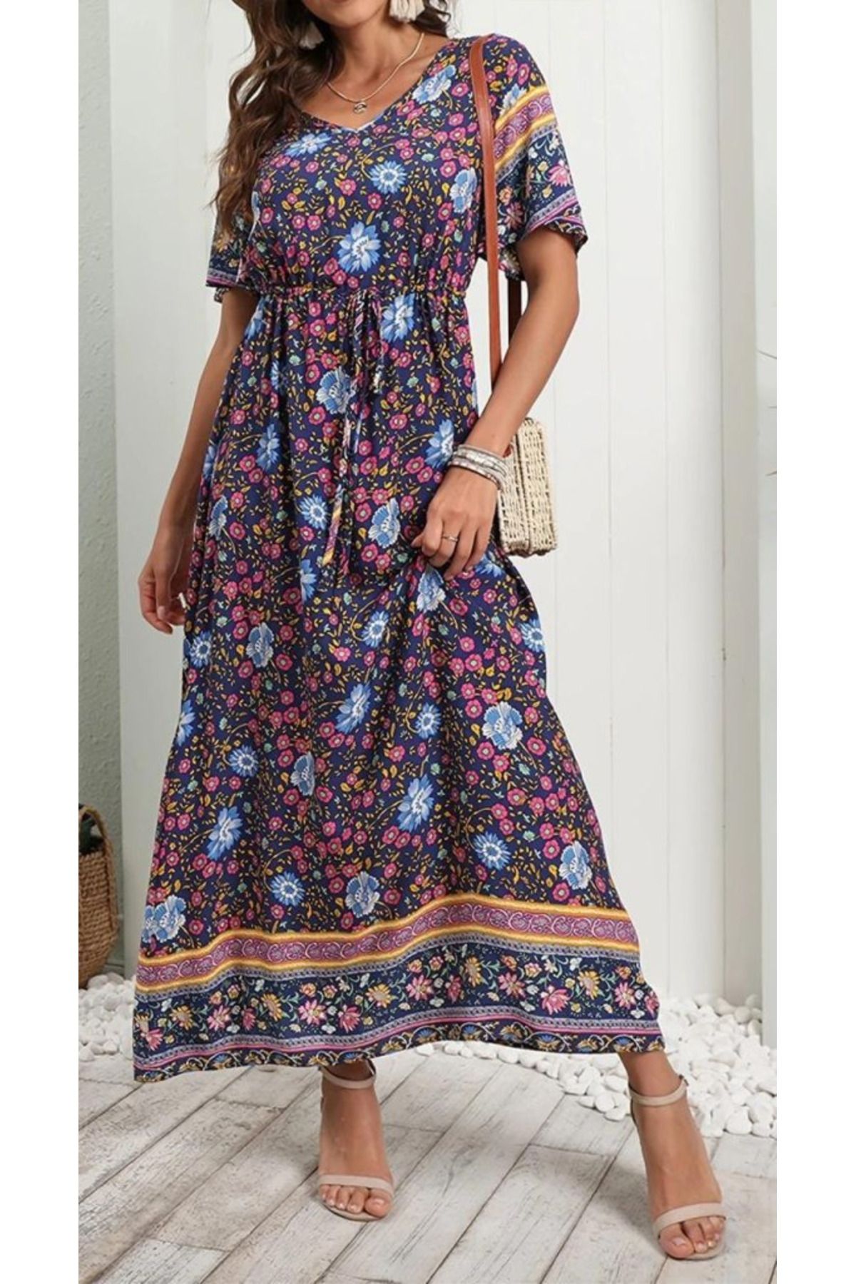 velmorafashion Kadın Kısa Kollu Beli Lastikli çiçek Desen Tam Boy Elbise