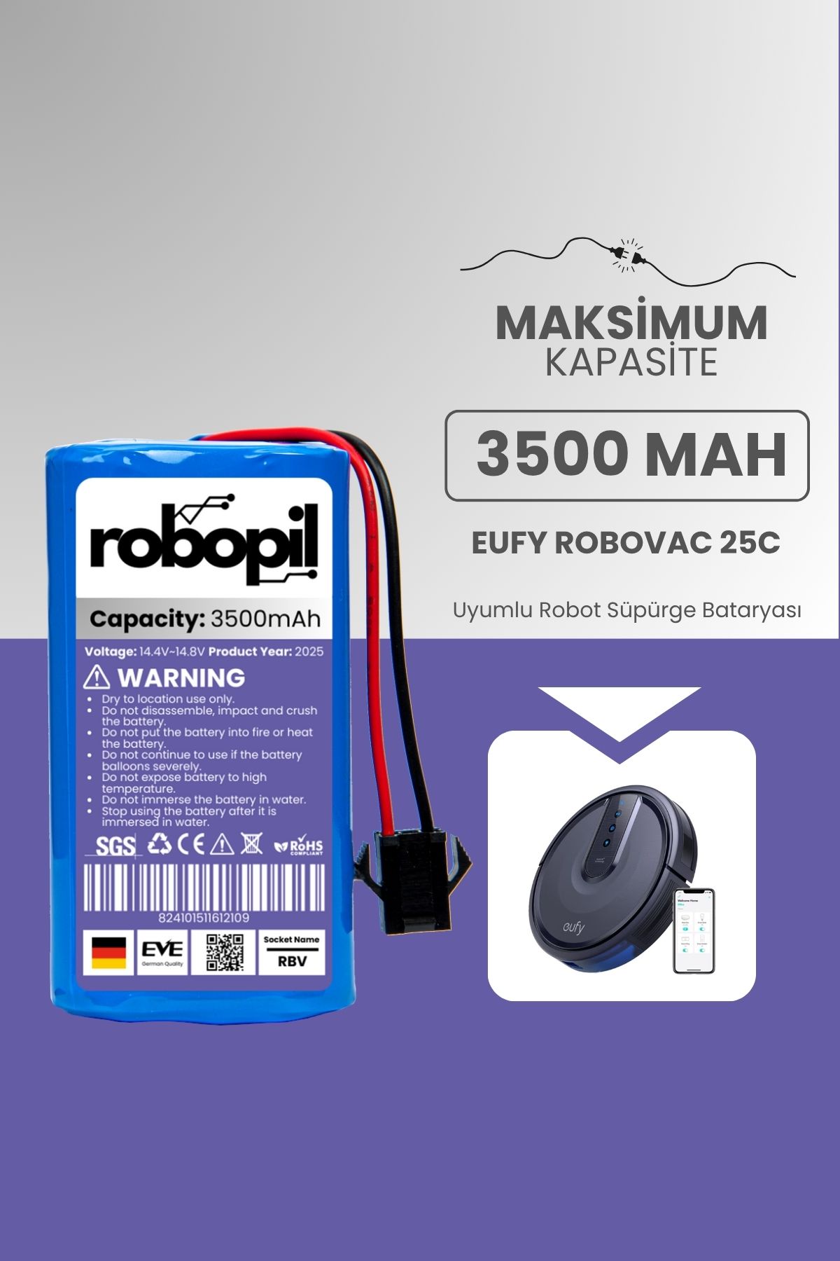ROBOPİL Eufy Robovac 25c Pil Batarya [Maksimum Kapasite] 3500mah Akıllı Robot Süpürge Bataryası Değişimi