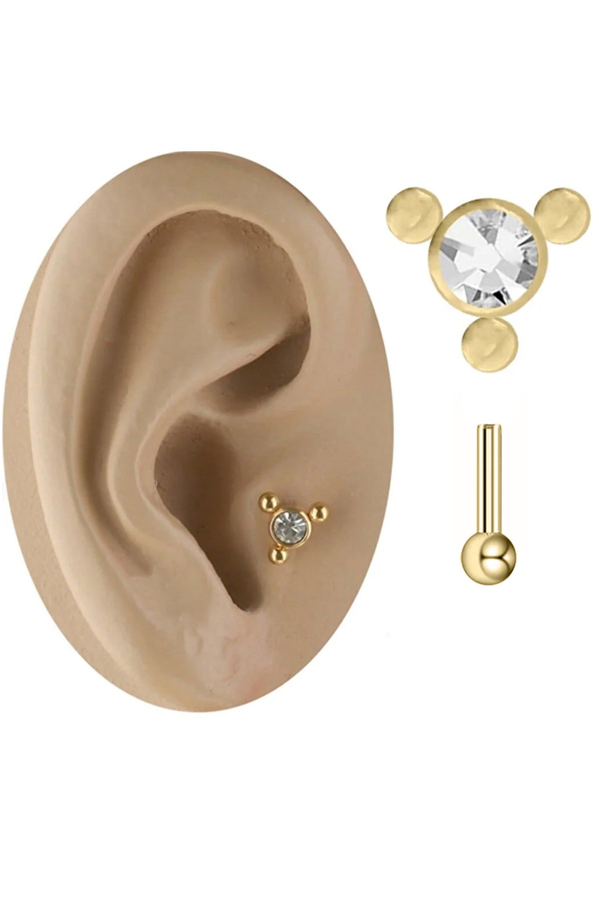 Cadının Dükkanı Üç Top Taşlı Gold Çelik Tragus Helix Kıkırdak Piercing