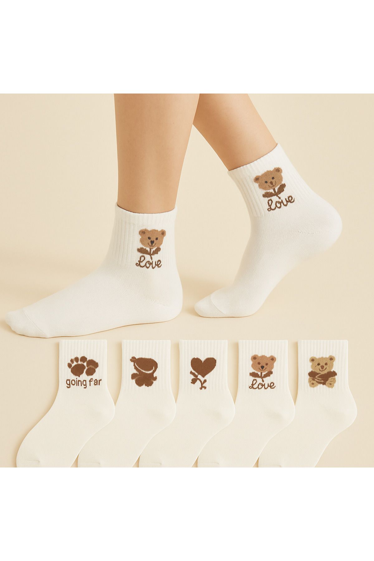 WORTHY SOCKS 5’li Sevimli Ayı Desenli Kadın Çorap Seti – Love Yazılı, Kısa Konçlu”