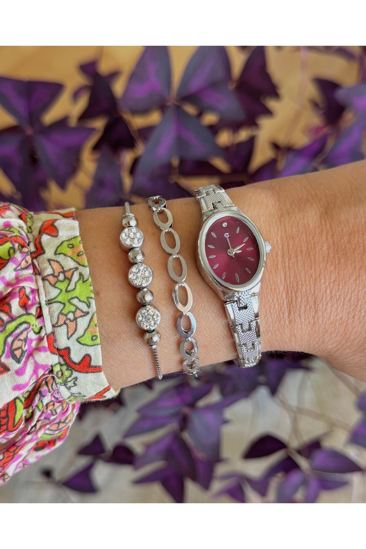Onouqo Rouge Elegance – 3’lü Bordo Kadranlı Gümüş Saat & Bileklik Seti