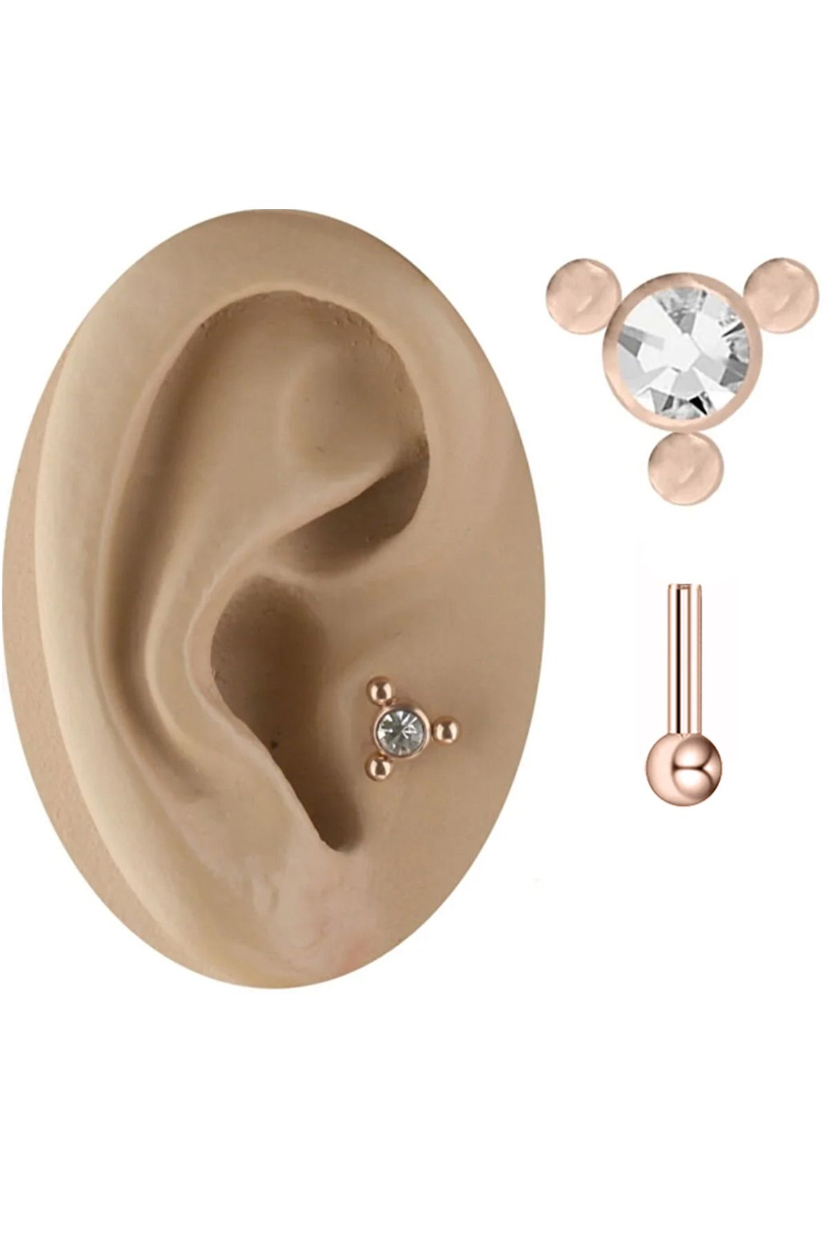 Cadının Dükkanı Üç Top Taşlı Rose Çelik Tragus Helix Kıkırdak Piercing