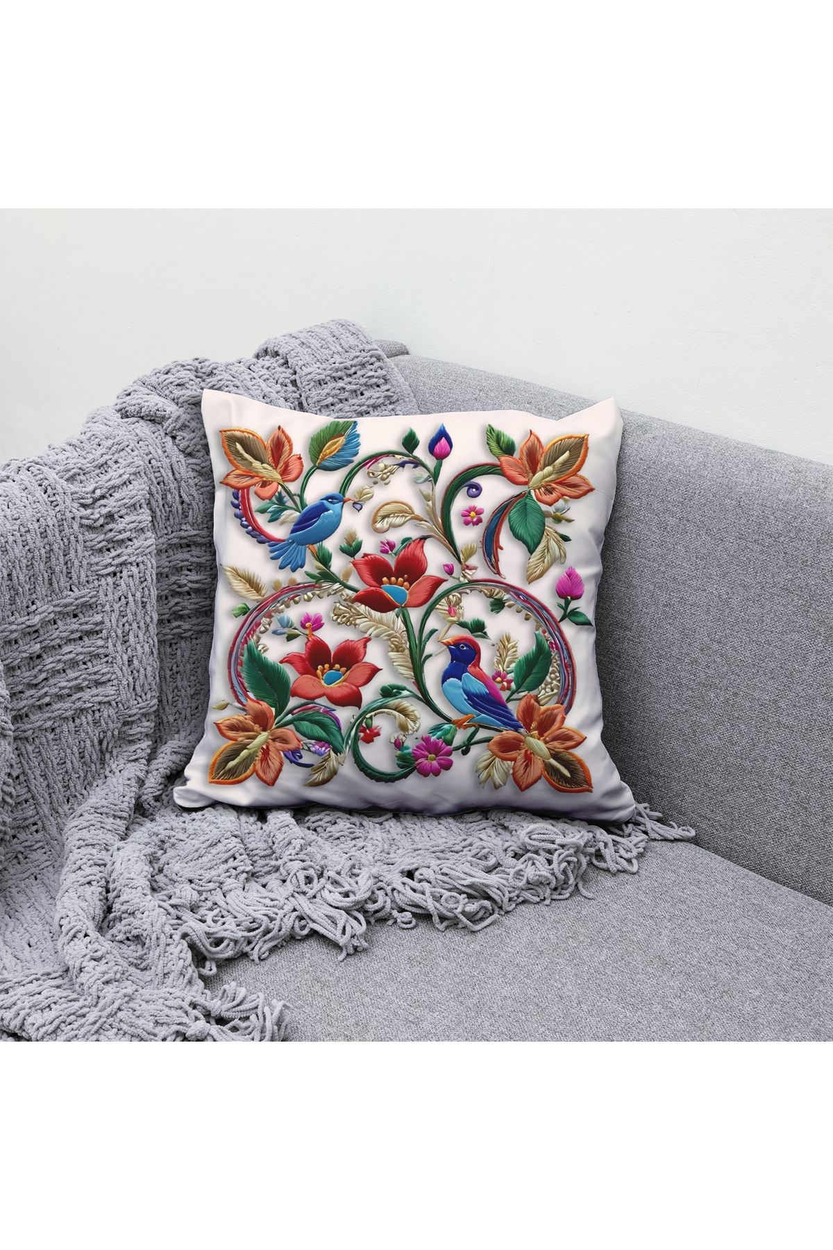ALAMODECOR Punch Nakış Desenli Çift Taraflı Dijital Baskılı Çiçek Ve Kuş Temalı 2li Kırlent Kılıfı