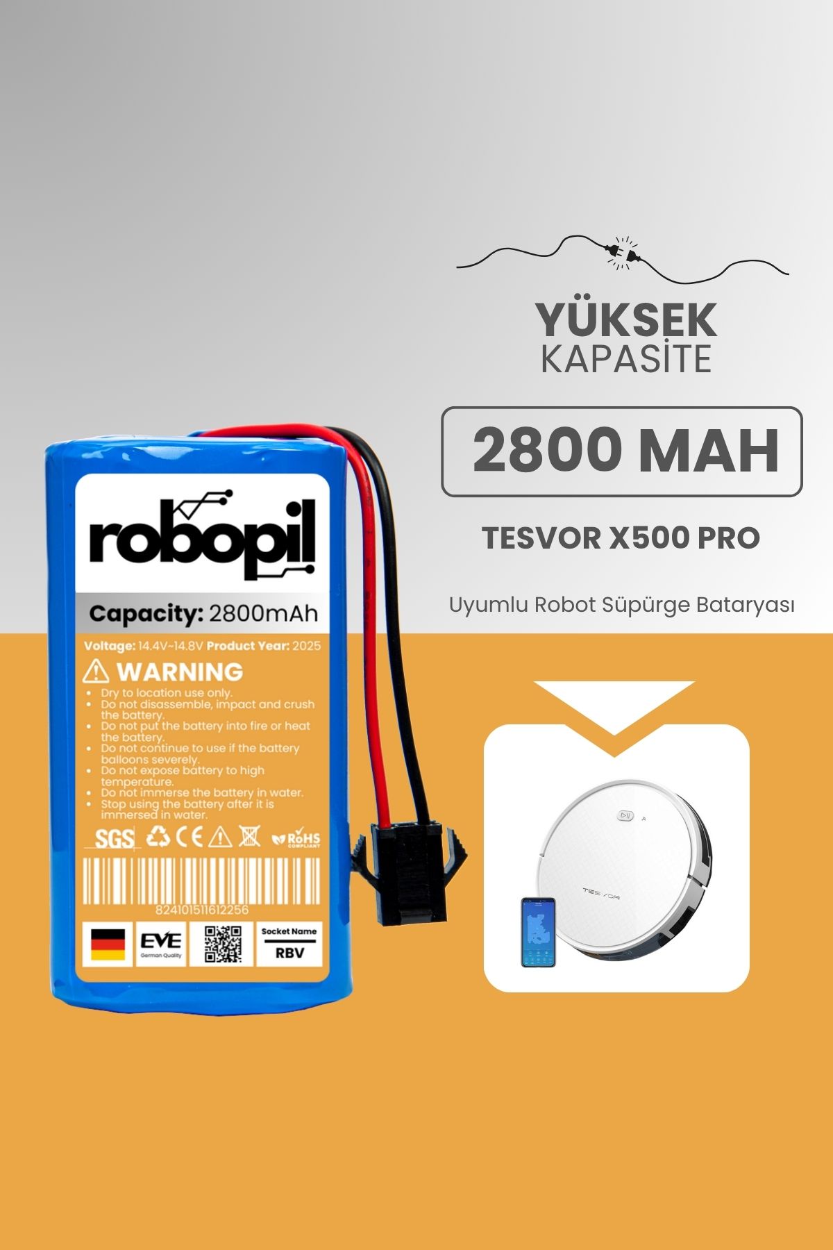 ROBOPİL Tesvor X500 Pro Pil Batarya [Yüksek Kapasite] 2800mah Akıllı Robot Süpürge Bataryası Değişimi