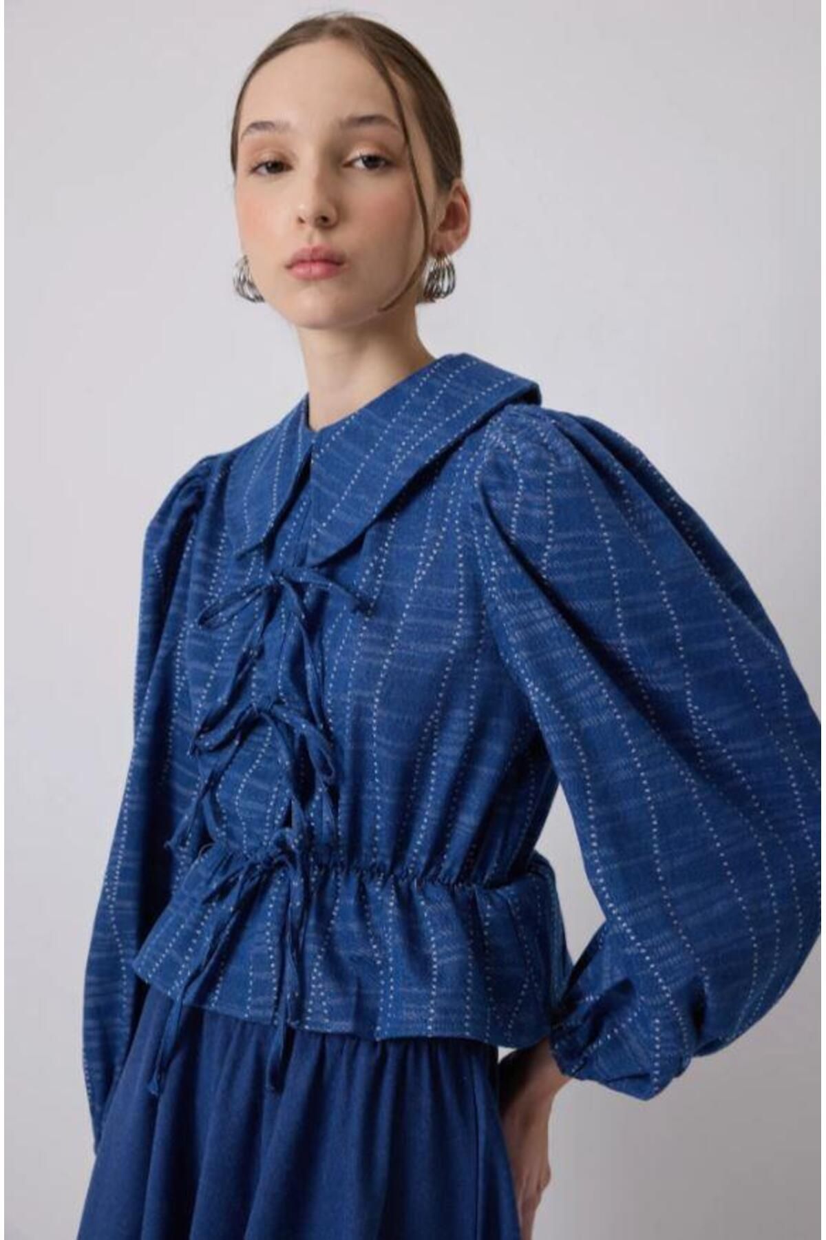 Touche Denim Efektli Bluz Etek Takım Denim
