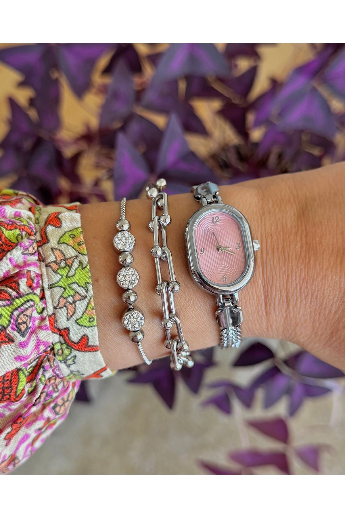Onouqo Blush Charm – 3’lü Pembe Kadranlı Gümüş Saat & Bileklik Seti