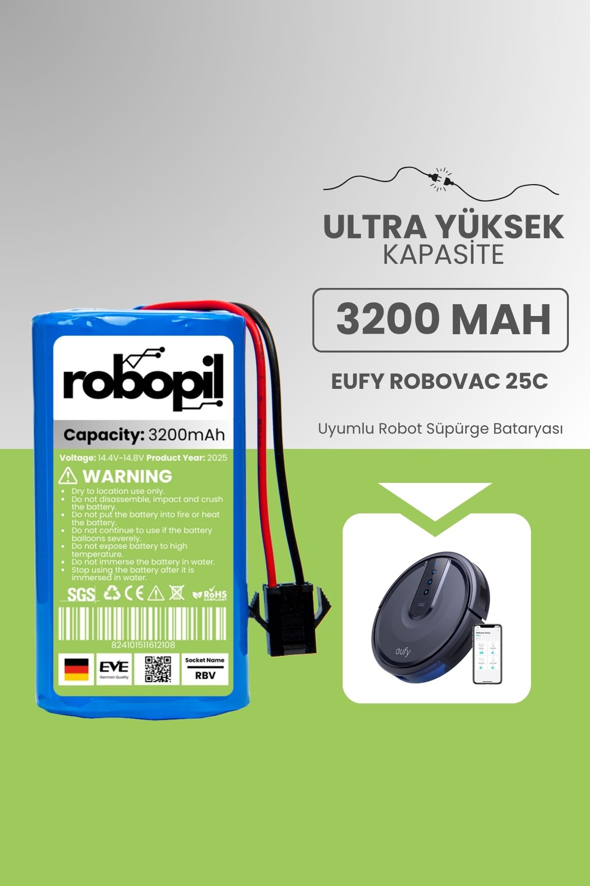 ROBOPİL Eufy Robovac 25c Pil Batarya [ultra Yüksek Kapasite] 3200mah Akıllı Robot Süpürge Bataryası Değişimi
