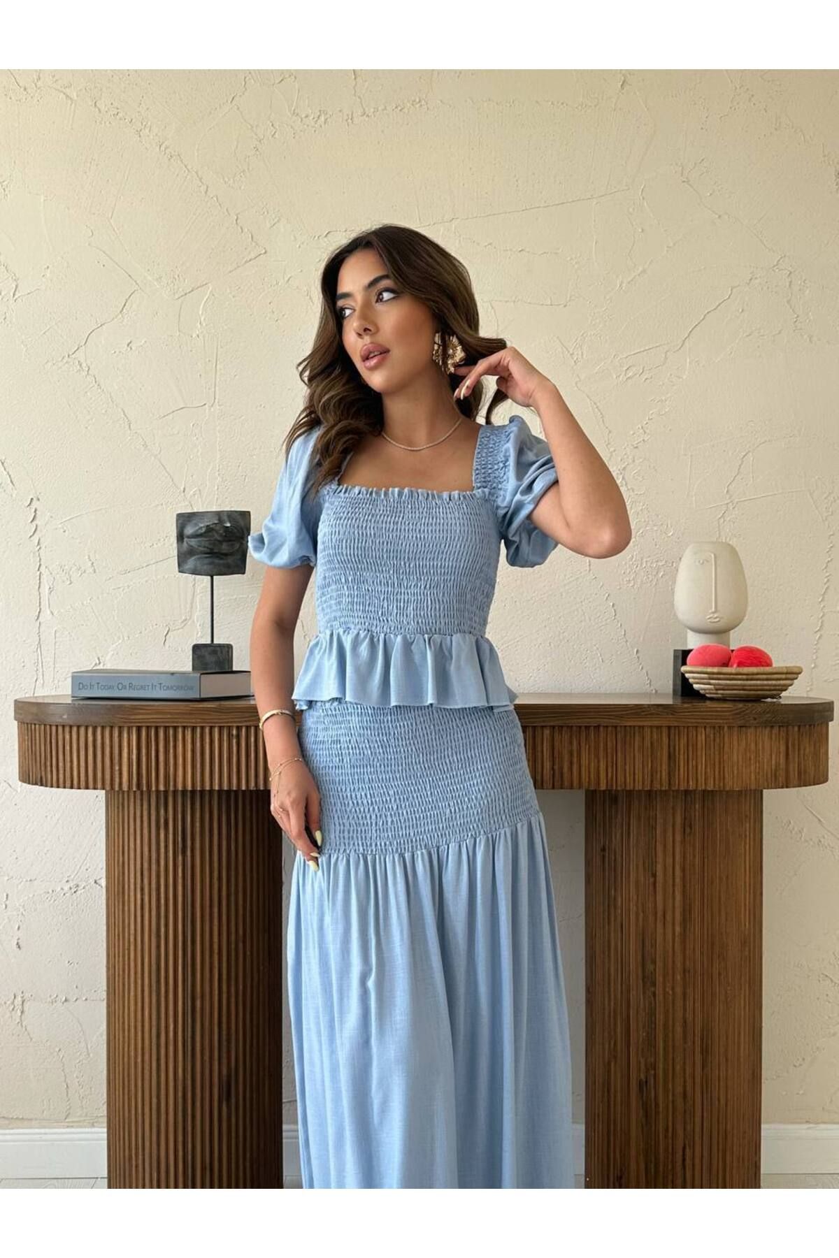 Castivo Fashion Fırfırlı Büzgü Bluzlu Yazlık İkili Takım