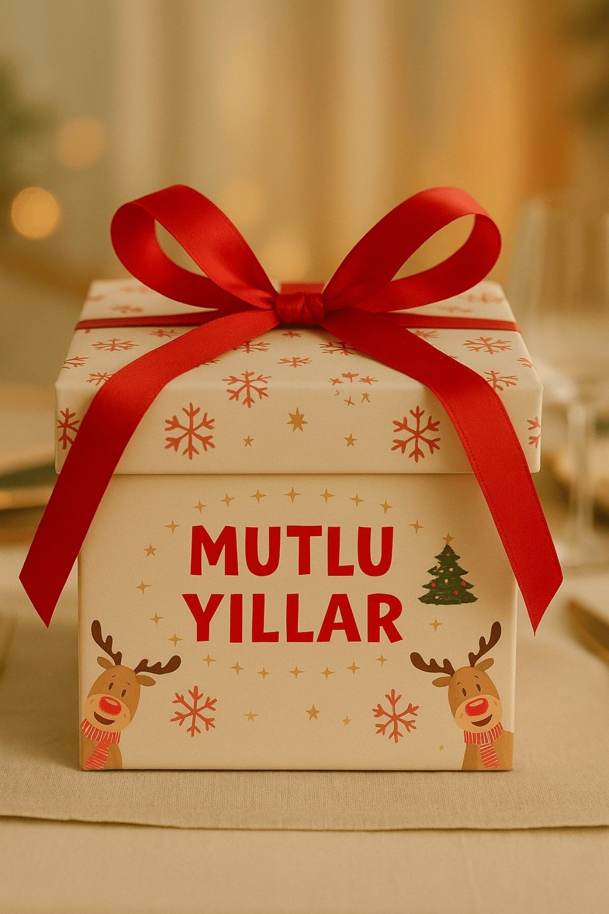 Emtory Home Yılbaşı Hediye Kutusu - Geyikli Beyaz Mutlu Yıllar - Yılbaşı Hediyesi - Yılbaşı Süsü 1 Adet