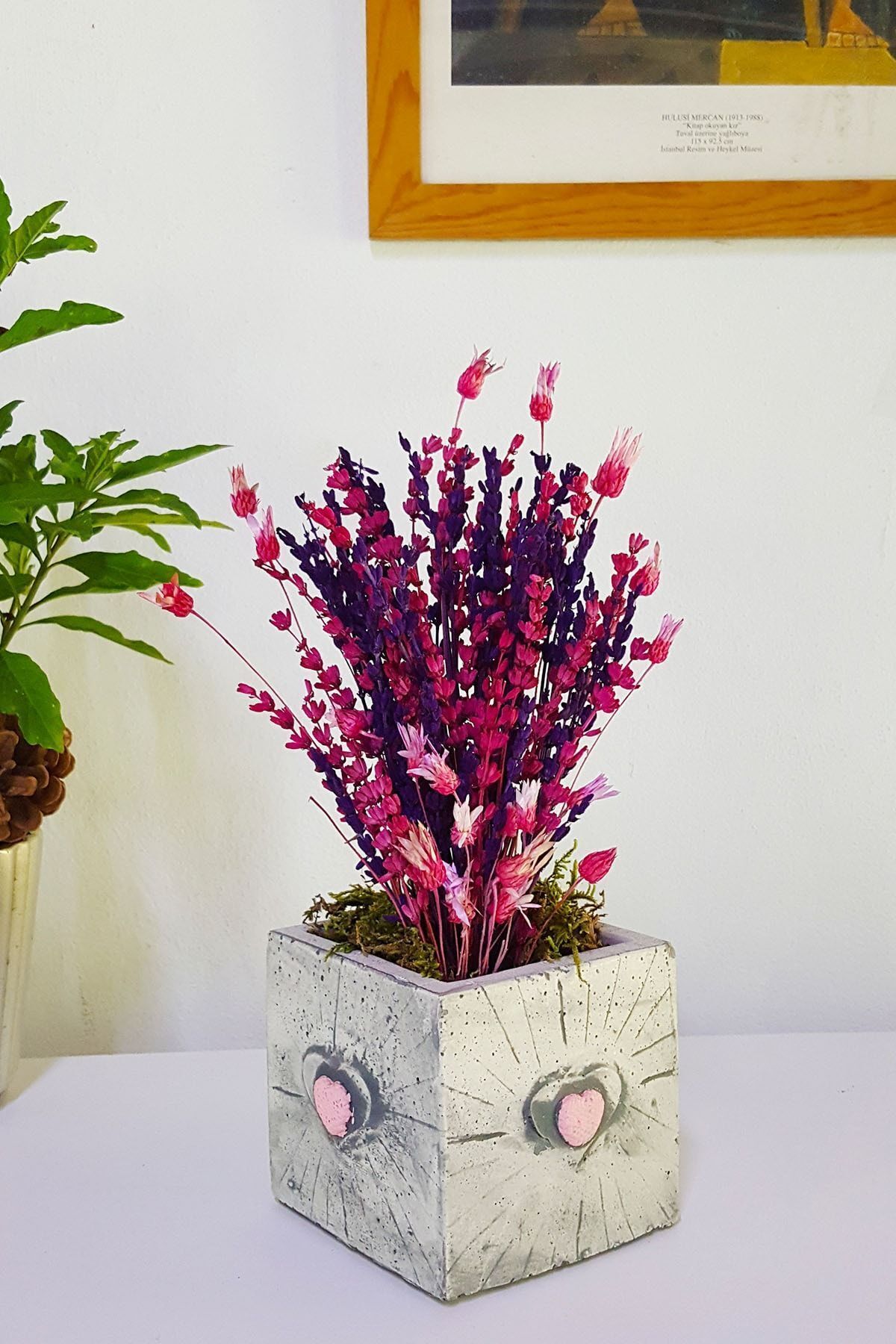 Elioure Pembe Mor Lavanta Kalpli Beton Saksı, Yapay Çiçek, 20-25cm