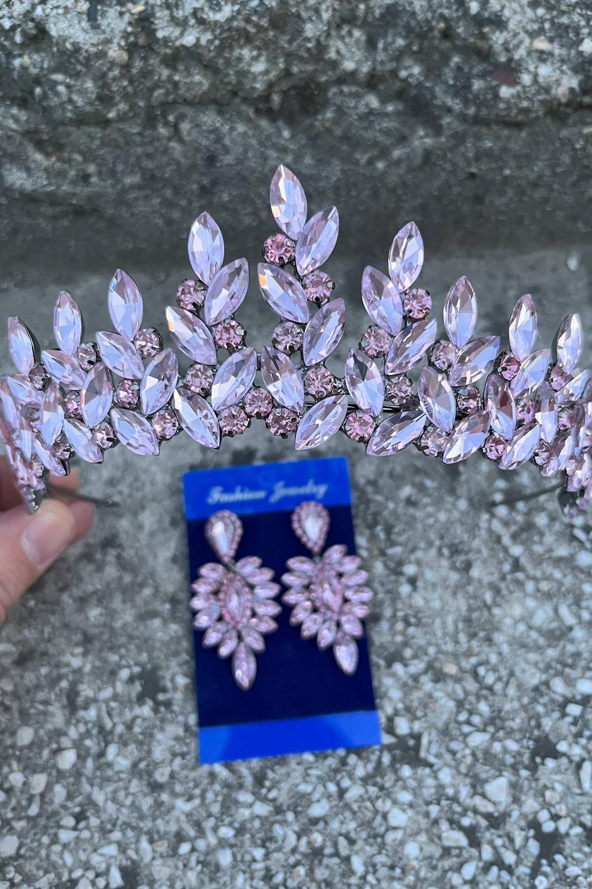 Hobigram Regina Pembe Gelin Kına Tacı Özel Gün Aksesuar Kadın Taç Ve İnce Mekik Küpe Takımı