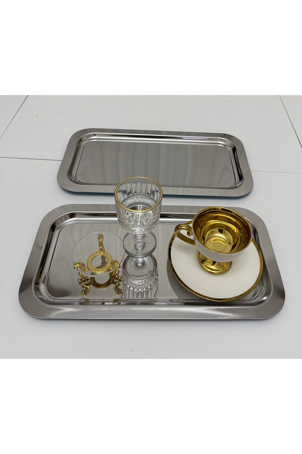 SEVA ÇELİK 2 ADET ÇELİK BÜYÜK DİKDÖRTGEN MODEL SERVİS VE SUNUM TEPSİSİ 18*33 CM