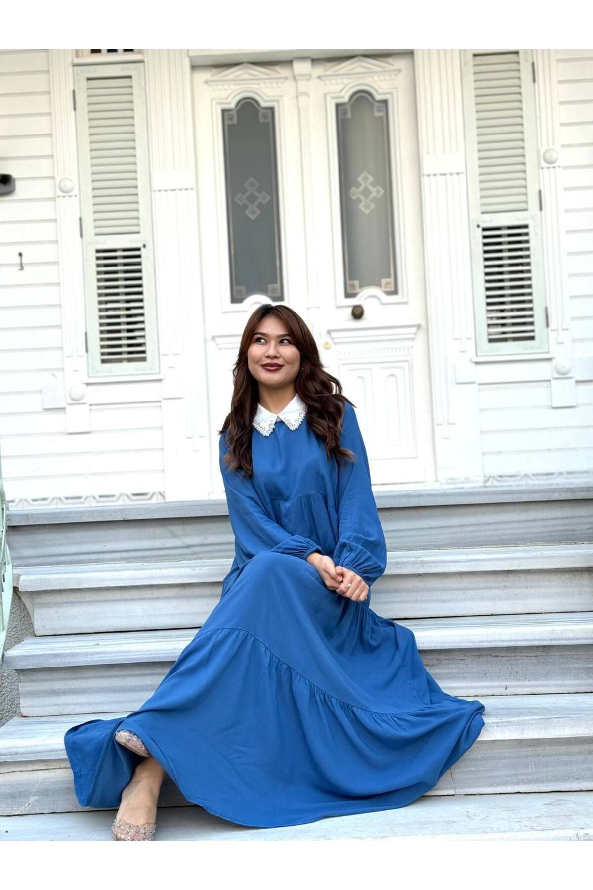 Castivo Fashion İnci Yaka Kat Detaylı Salaş Abaya Elbise