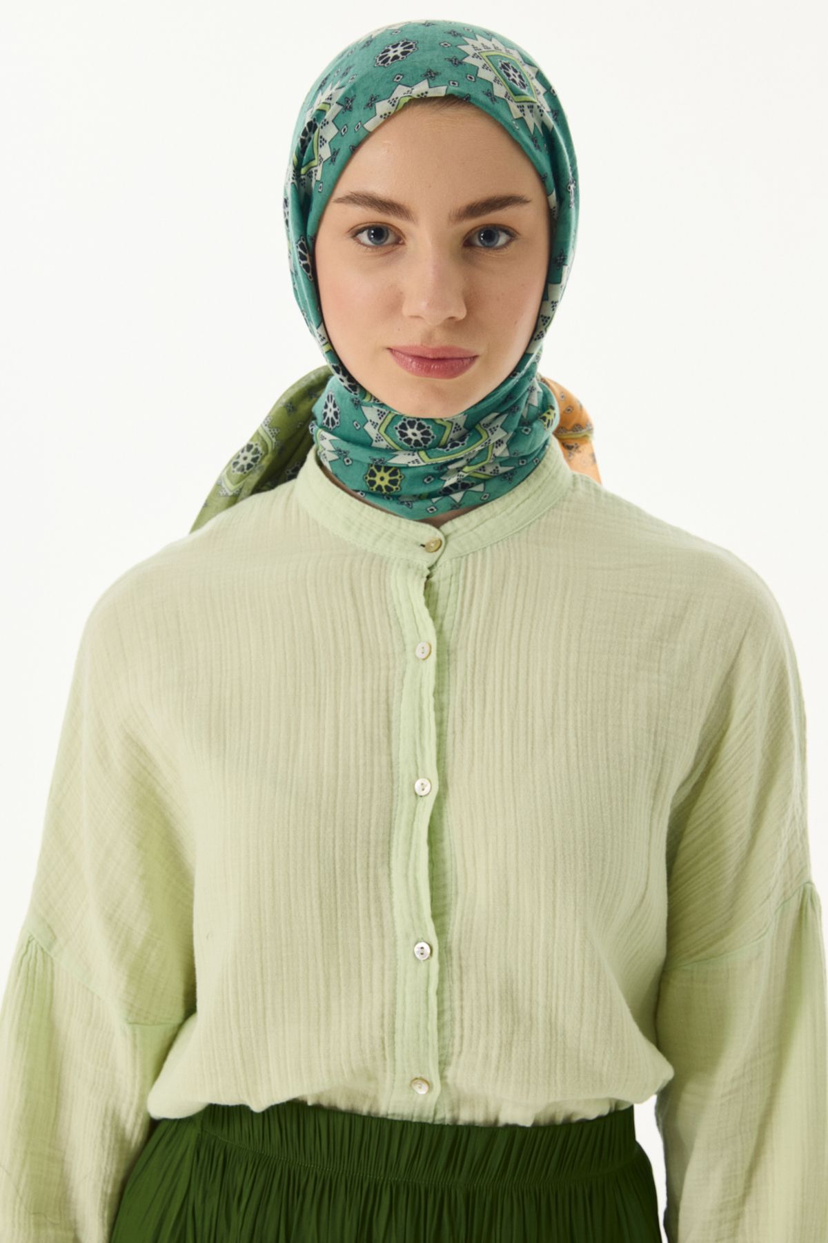 FENZA SCARF Etnik Desen Pamuklu Şal - Yeşil-Yağ Yeşili