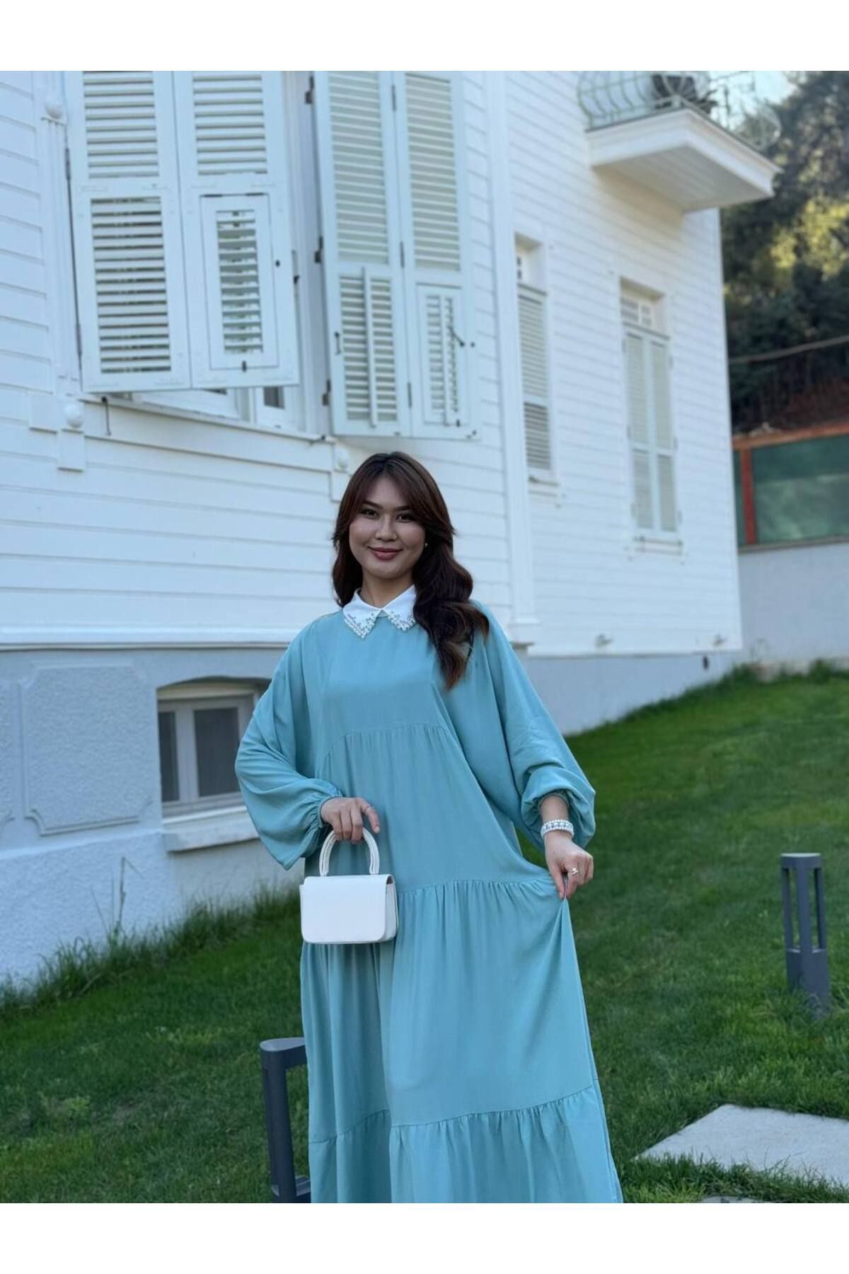 Castivo Fashion İnci Yaka Kat Detaylı Salaş Abaya Elbise