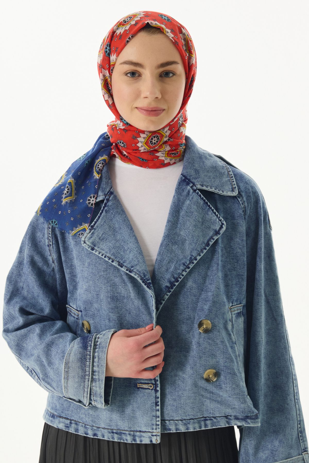 FENZA SCARF Etnik Desen Pamuklu Şal - Lacivert-Turuncu