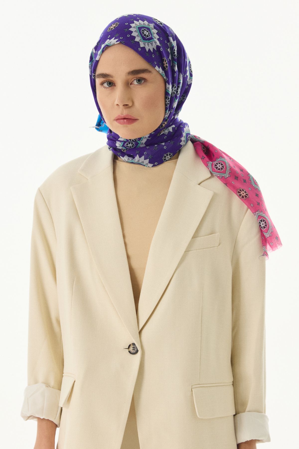 FENZA SCARF Etnik Desen Pamuklu Şal - Mavi-Fuşya