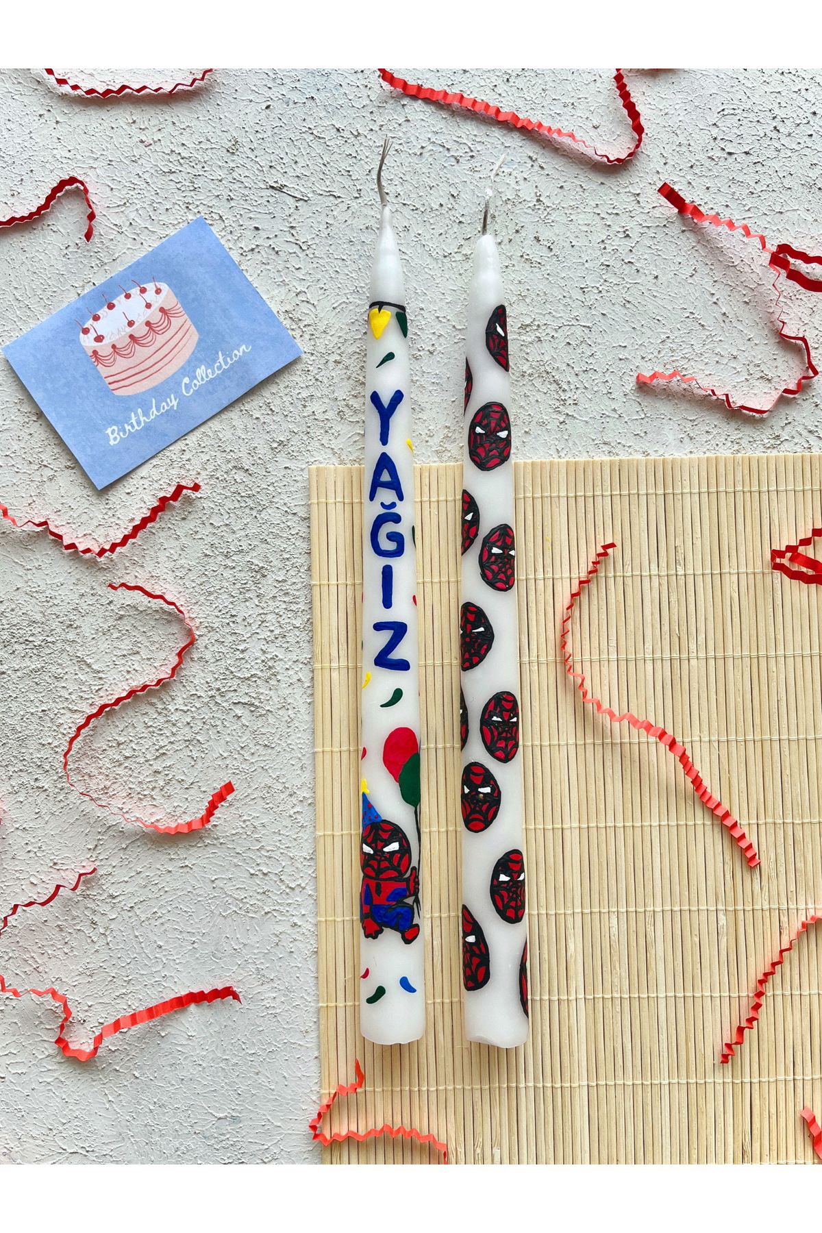 CaGi Kişiye Özel Süper Kahraman Desenli / El Boyaması 2'Li Doğum Günü Mum Seti