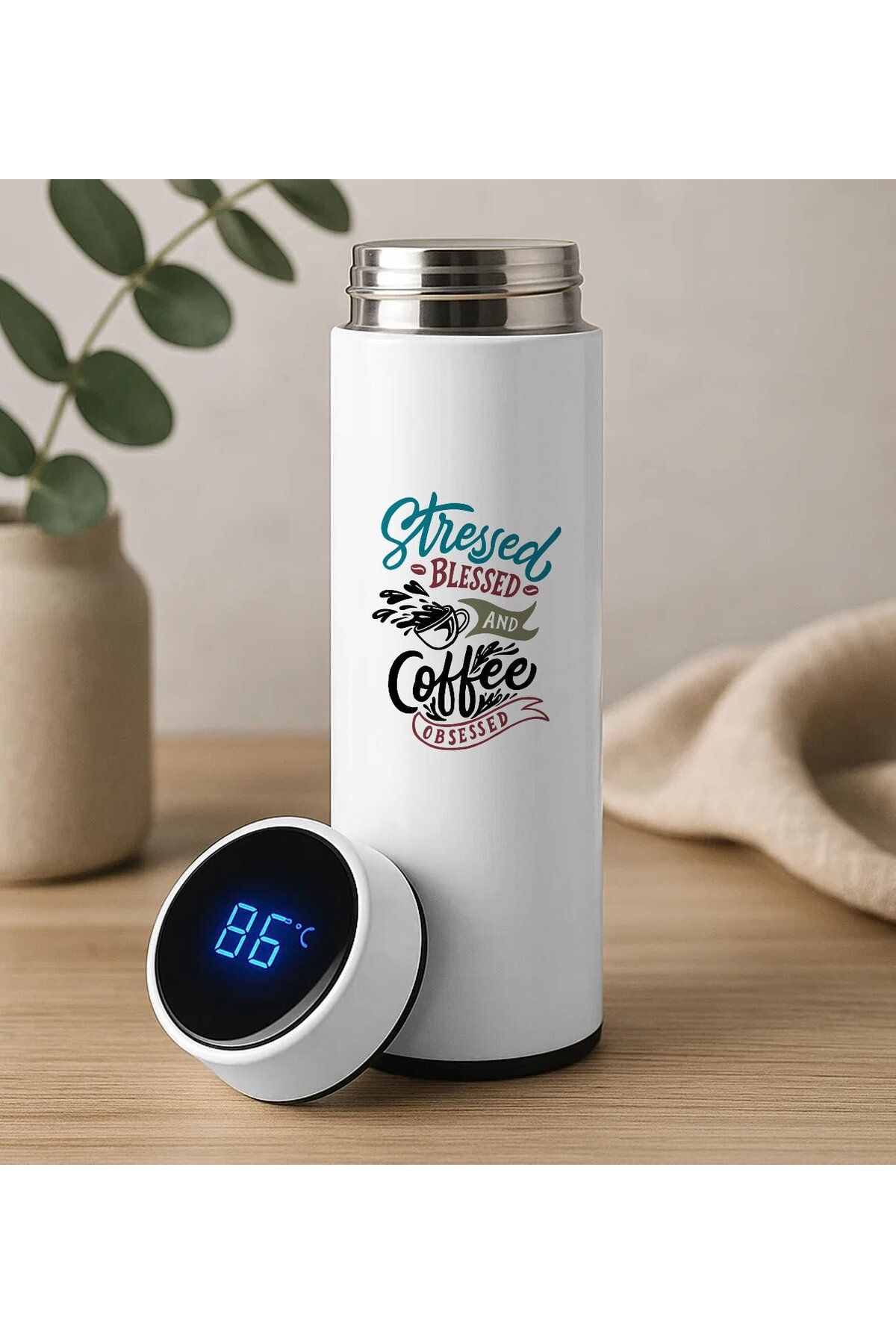 Bk Gift Coffee Tasarımlı Filtreli Dijital Göstergeli Beyaz Çelik Termos-7, Arkadaşa Hediye, Sevgiliy