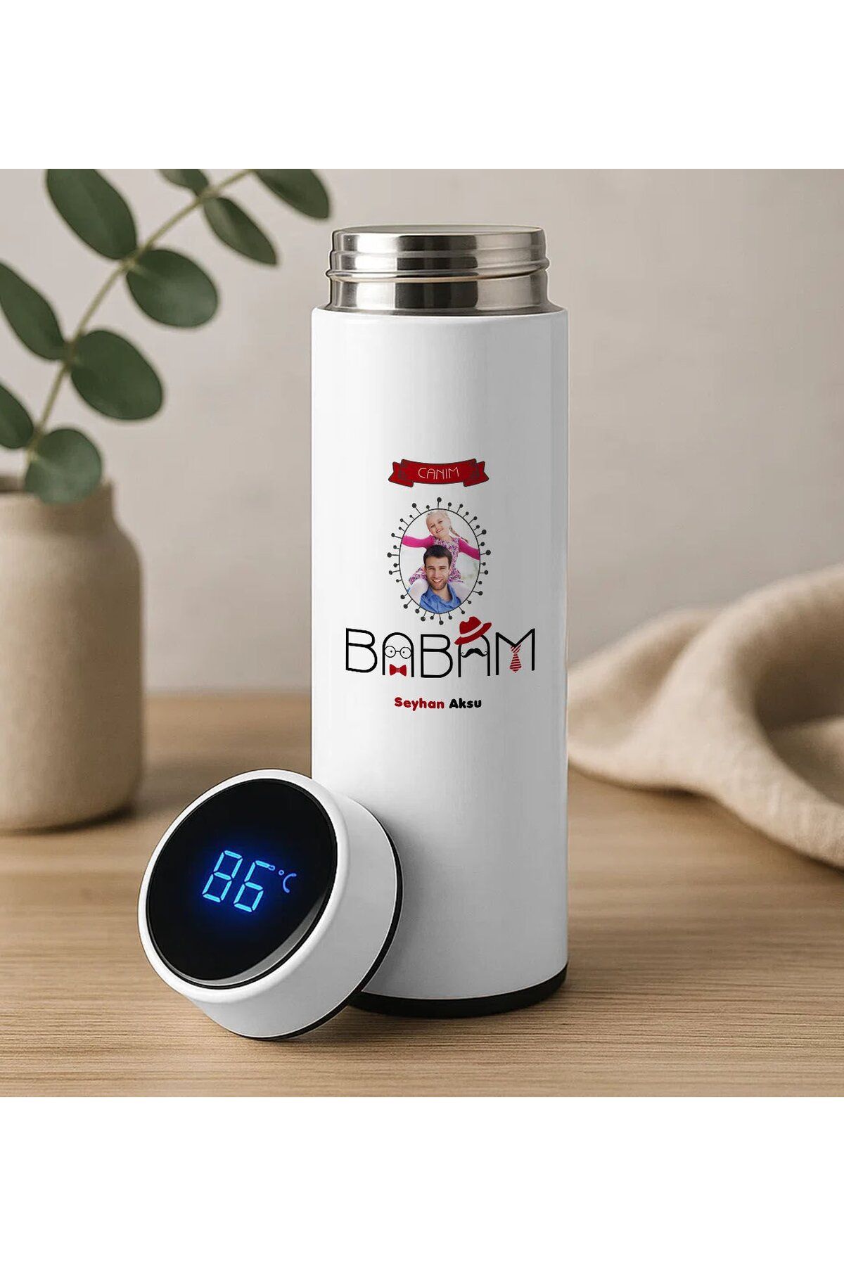 Bk Gift Fotoğraflı Baba Tasarımlı Filtreli Dijital Göstergeli Beyaz Çelik Termos-2, Babaya Hediye, B