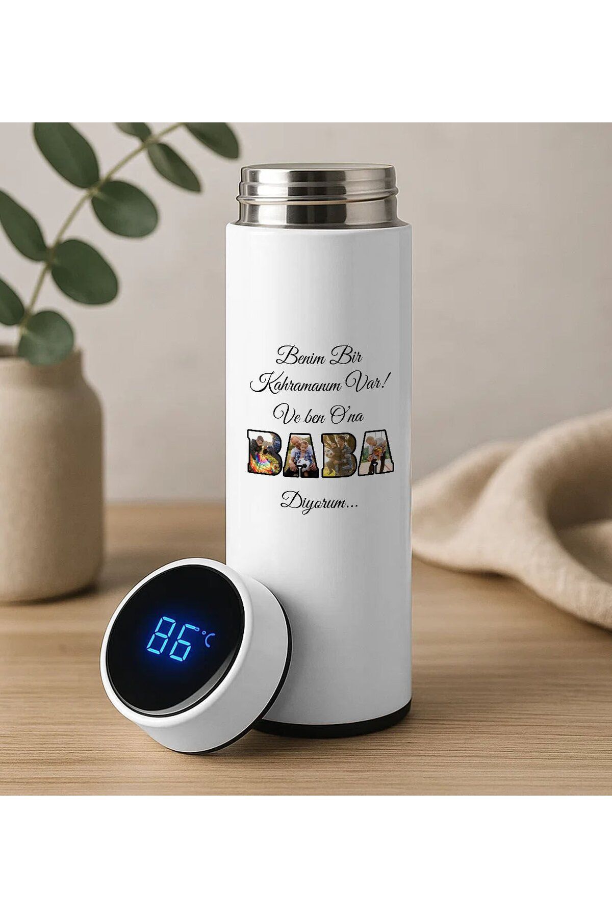 Bk Gift Fotoğraflı Baba Tasarımlı Filtreli Dijital Göstergeli Beyaz Çelik Termos-4, Babaya Hediye, B