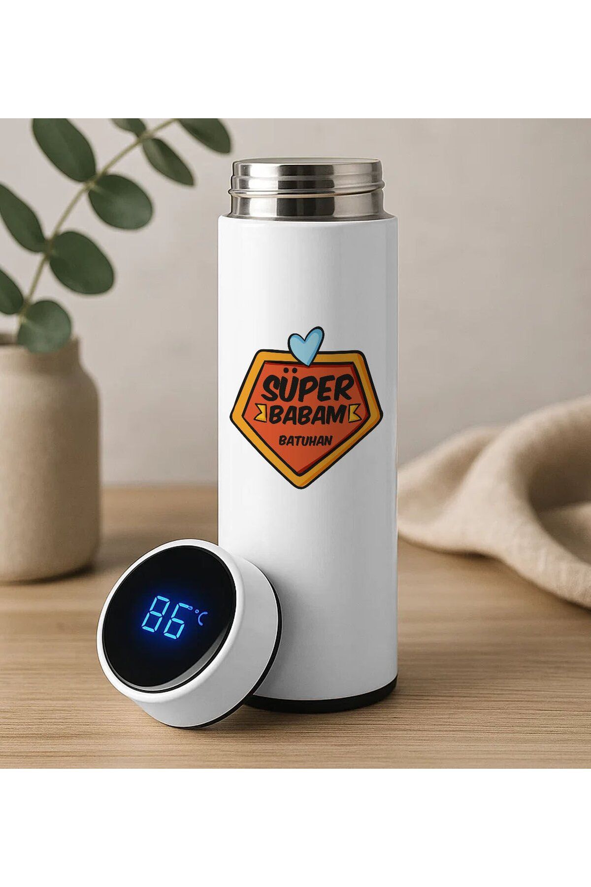 Bk Gift Coffee Tasarımlı Filtreli Dijital Göstergeli Beyaz Çelik Termos-4, Arkadaşa Hediye, Sevgiliy