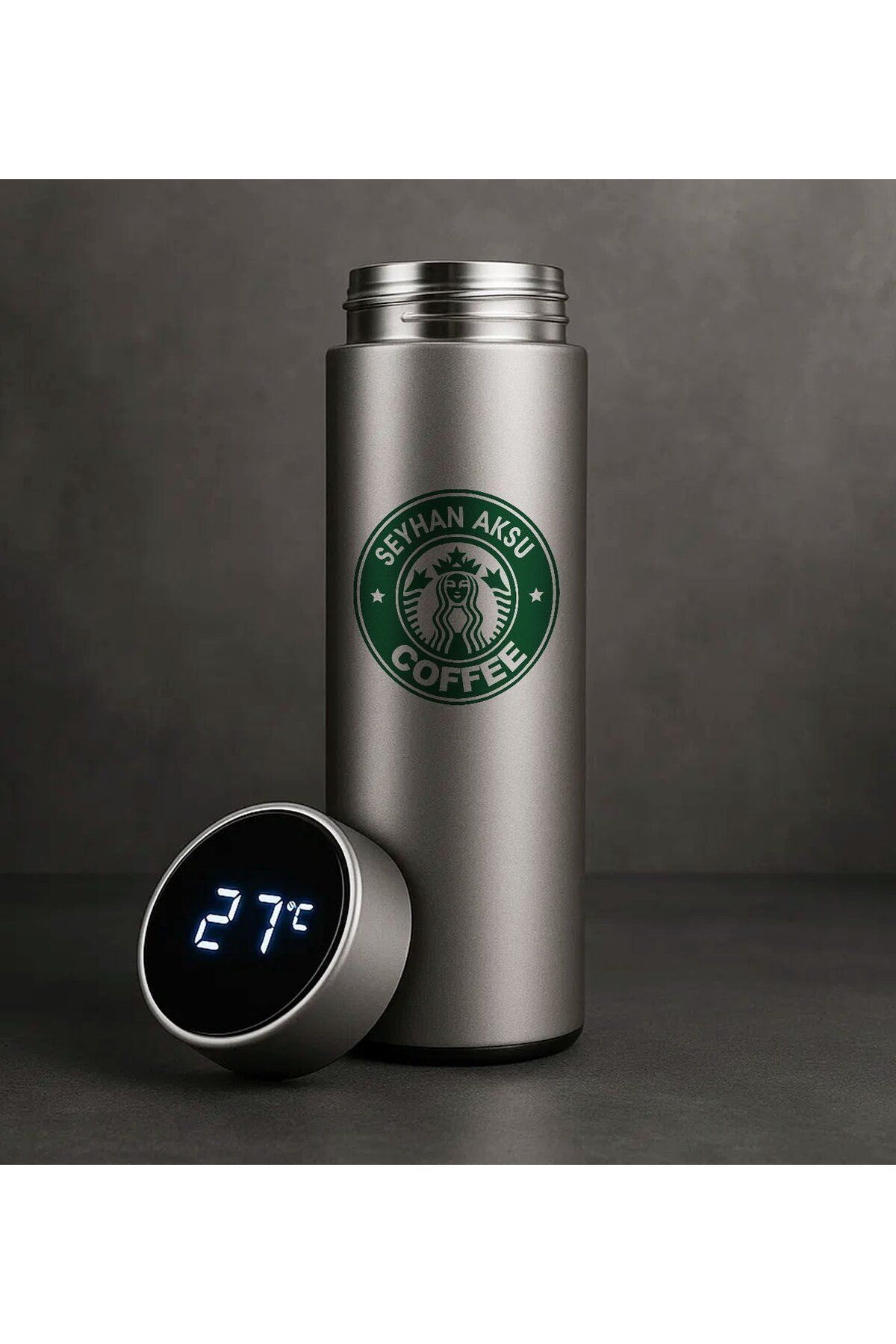 Bk Gift Kişiye Özel İsimli Coffee Tasarımlı Filtreli Dijital Göstergeli Gümüş Çelik Termos-8, Arkada