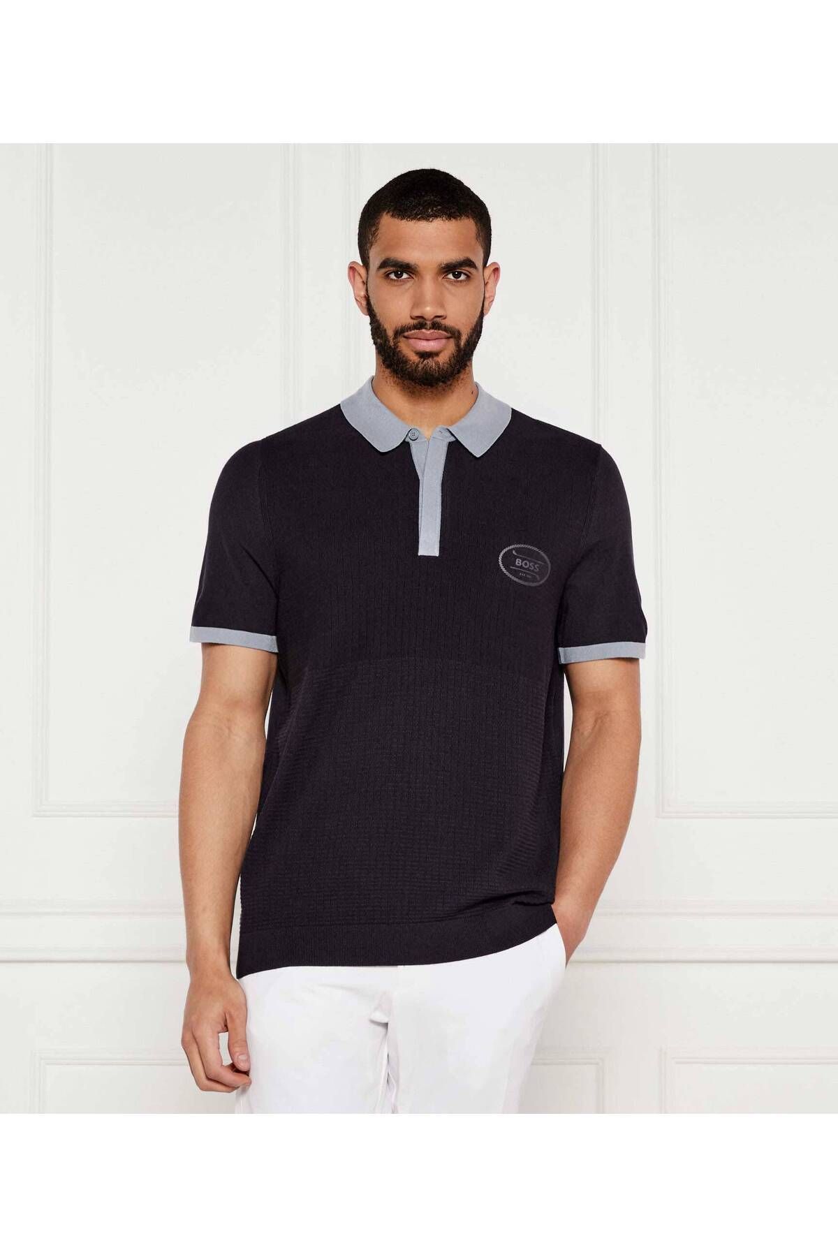 BOSS Erkek Normal Kalıp Renk Geçişli Yaka Kısa Kollu Lacivert Polo Yaka T-Shirt 50541936-402