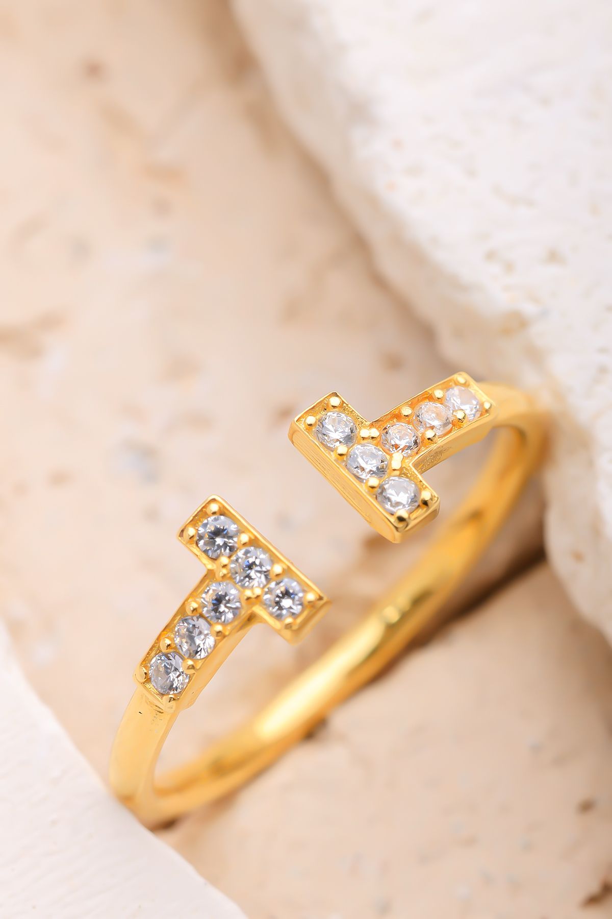 Lucente Jewellery Özel Hediye Kutulu Sıra Taşlı Gümüş Altın Kaplama Ayarlanabilir Yüzük