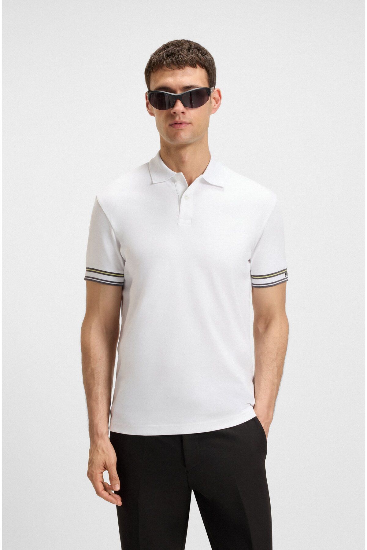 BOSS Erkek Dar Kalıp Kolları Şerit Detaylı Pamuklu Kısa Kollu Beyaz Polo Yaka T-Shirt 50544448-100