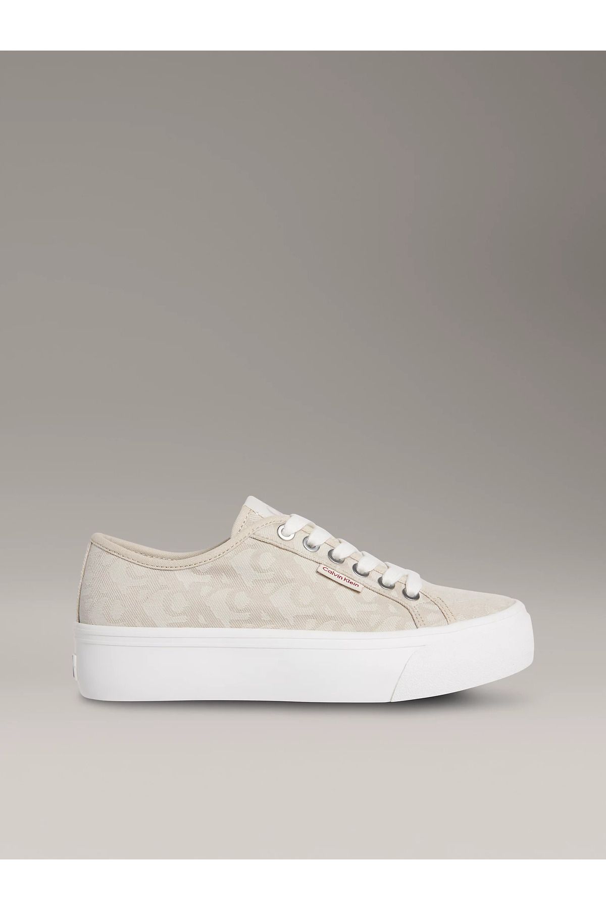 Calvin Klein Kadın Kalın Yüksek Topuk Bağlamalı Desenli Dokuma Kumaş Ck Desen Bej Sneaker YW0YW01965-0GA