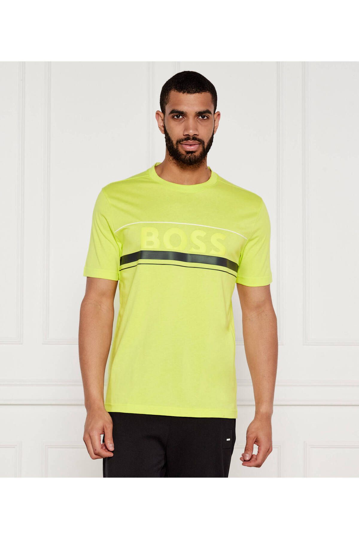 BOSS Erkek Regular Fit Yuvarlak Yakalı Çizgili ve Logolu Kısa Kollu Yeşil T-Shirt 50550113-337