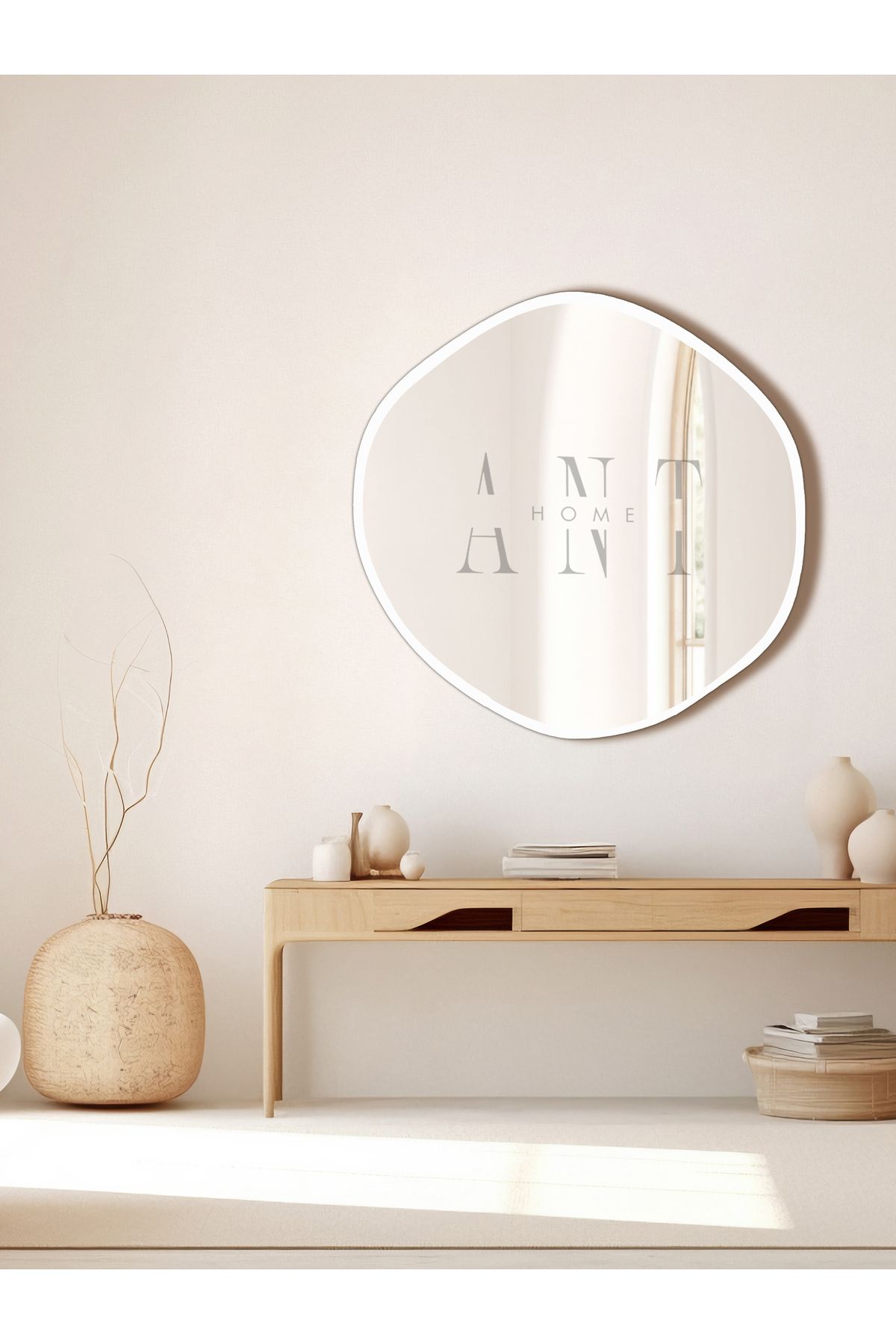 Elioure 50 Cm Asimetrik Dekoratif Duvar Aynası, Banyo ve Hollar İçin Beyaz