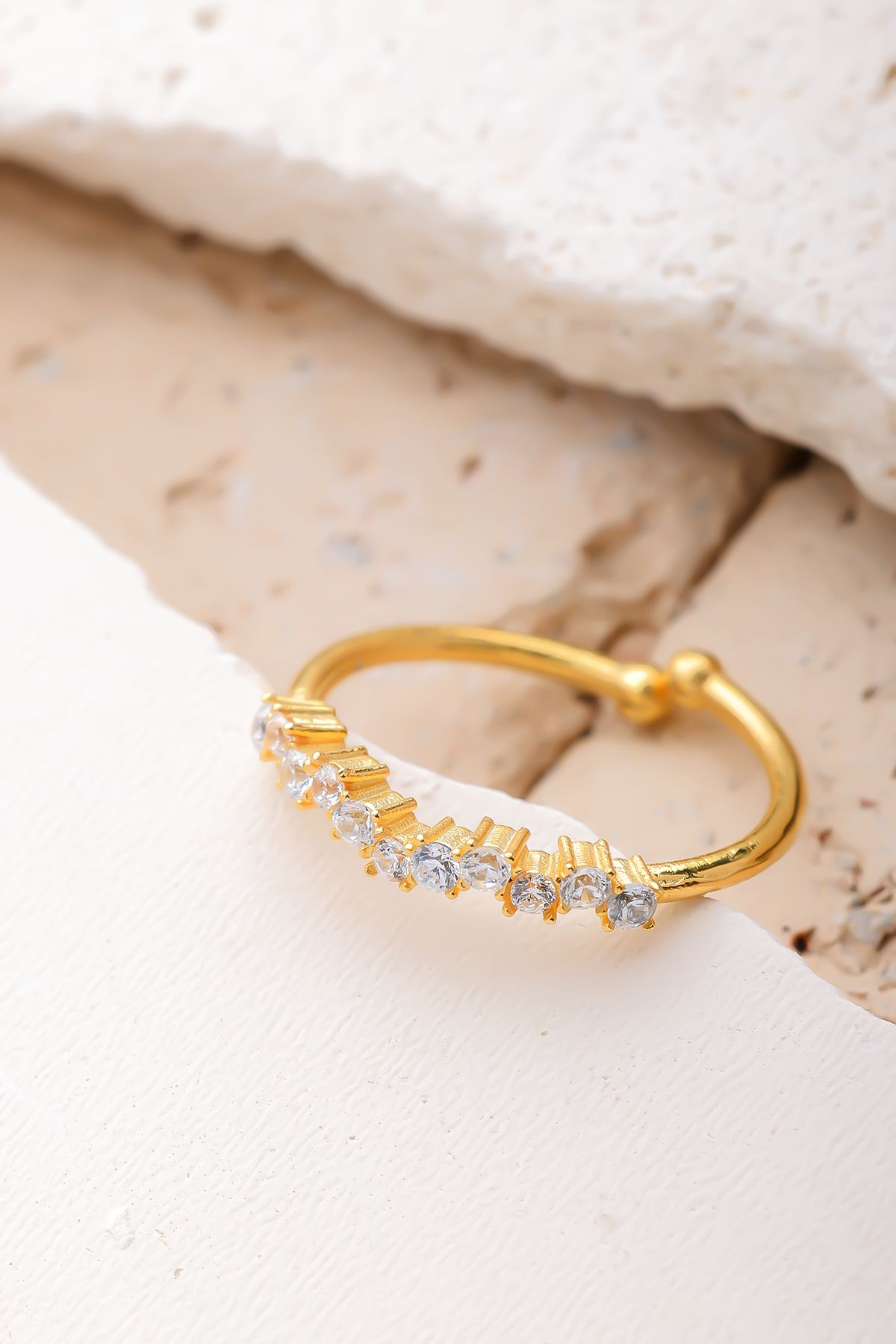 Lucente Jewellery Özel Hediye Kutulu Minimal Dalga Taşlı Gümüş Altın Kaplama Ayarlanabilir Dalgalı Yüzük